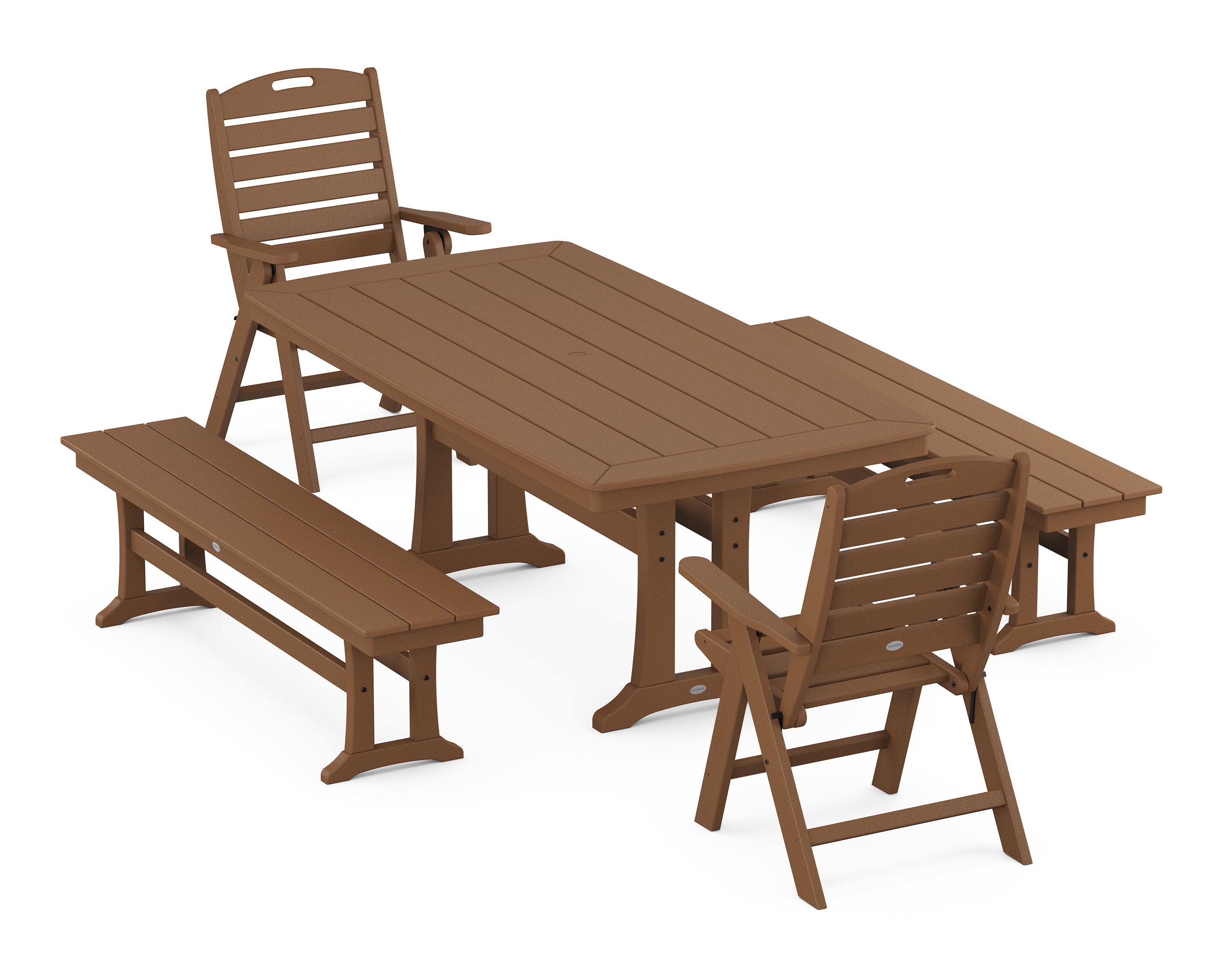 POLYWOOD Nautical Folding Highback Chair 5-Piece Dining Set with Trestle Legs and Benches in Teak