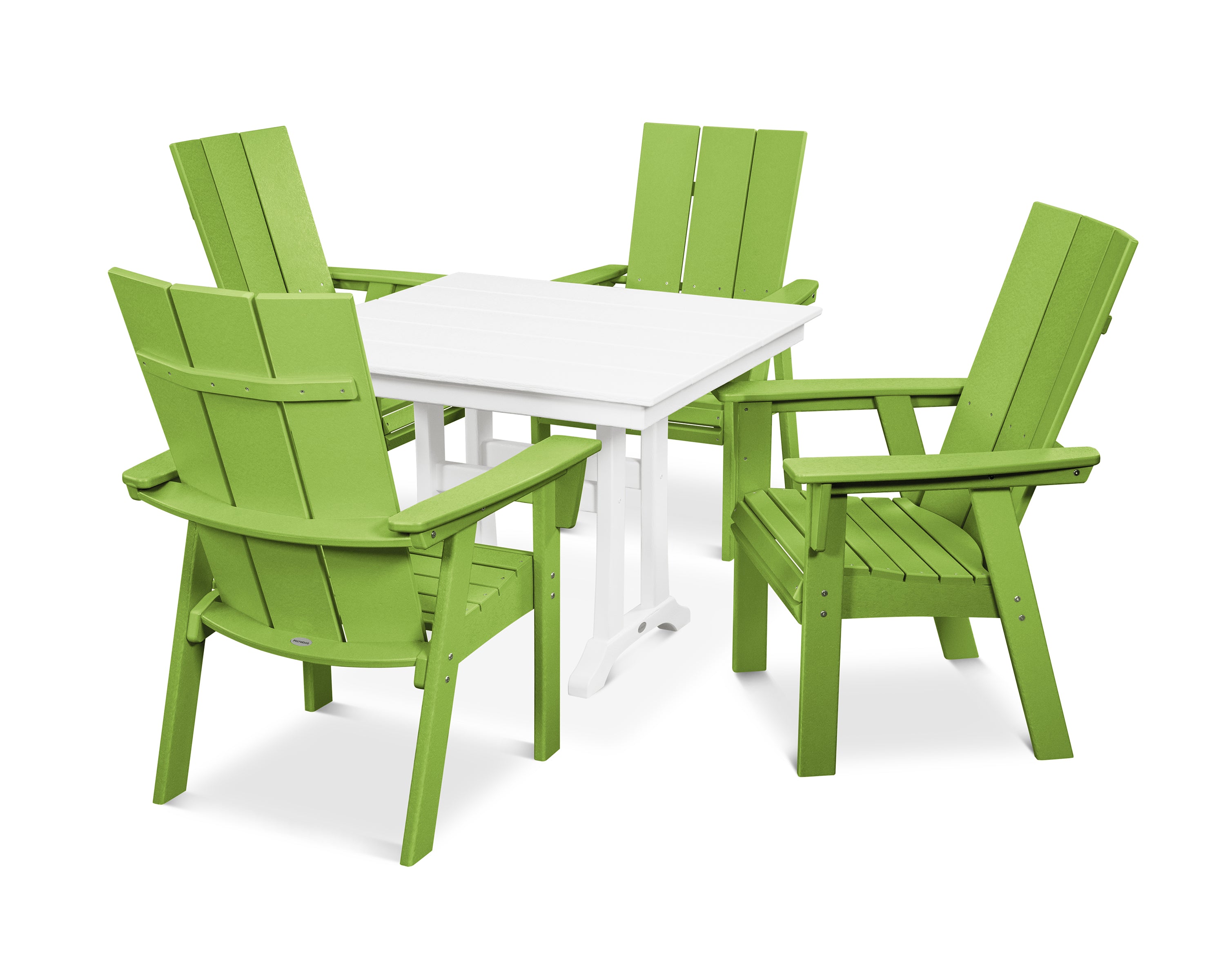 POLYWOOD® Modern Curveback Adirondack 5-Piece Farmhouse Trestle Dining Set in Lime / White