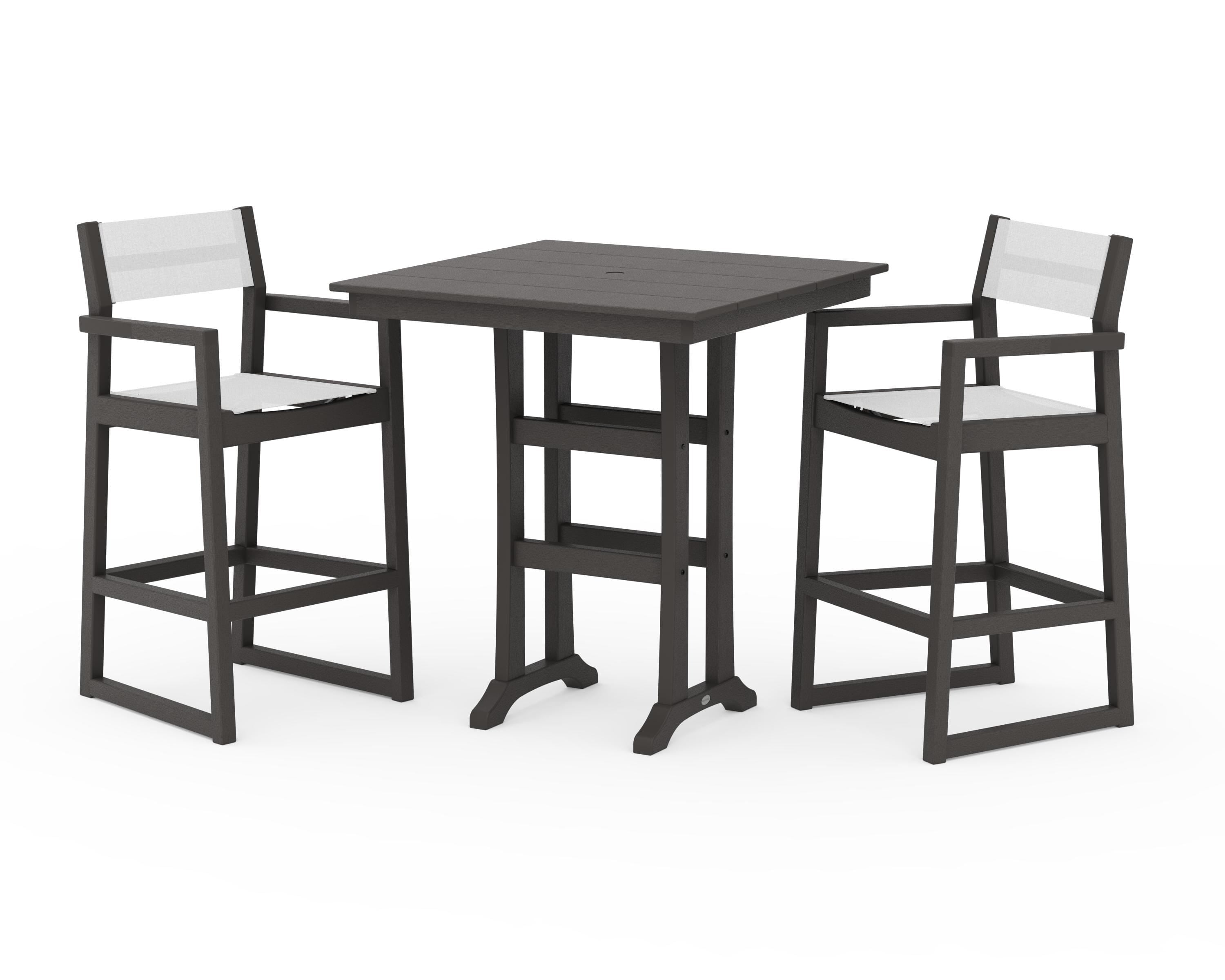 POLYWOOD EDGE Sling Arm Chair 3-Piece Farmhouse Bar Set with Trestle Legs in Vintage Coffee / White Sling