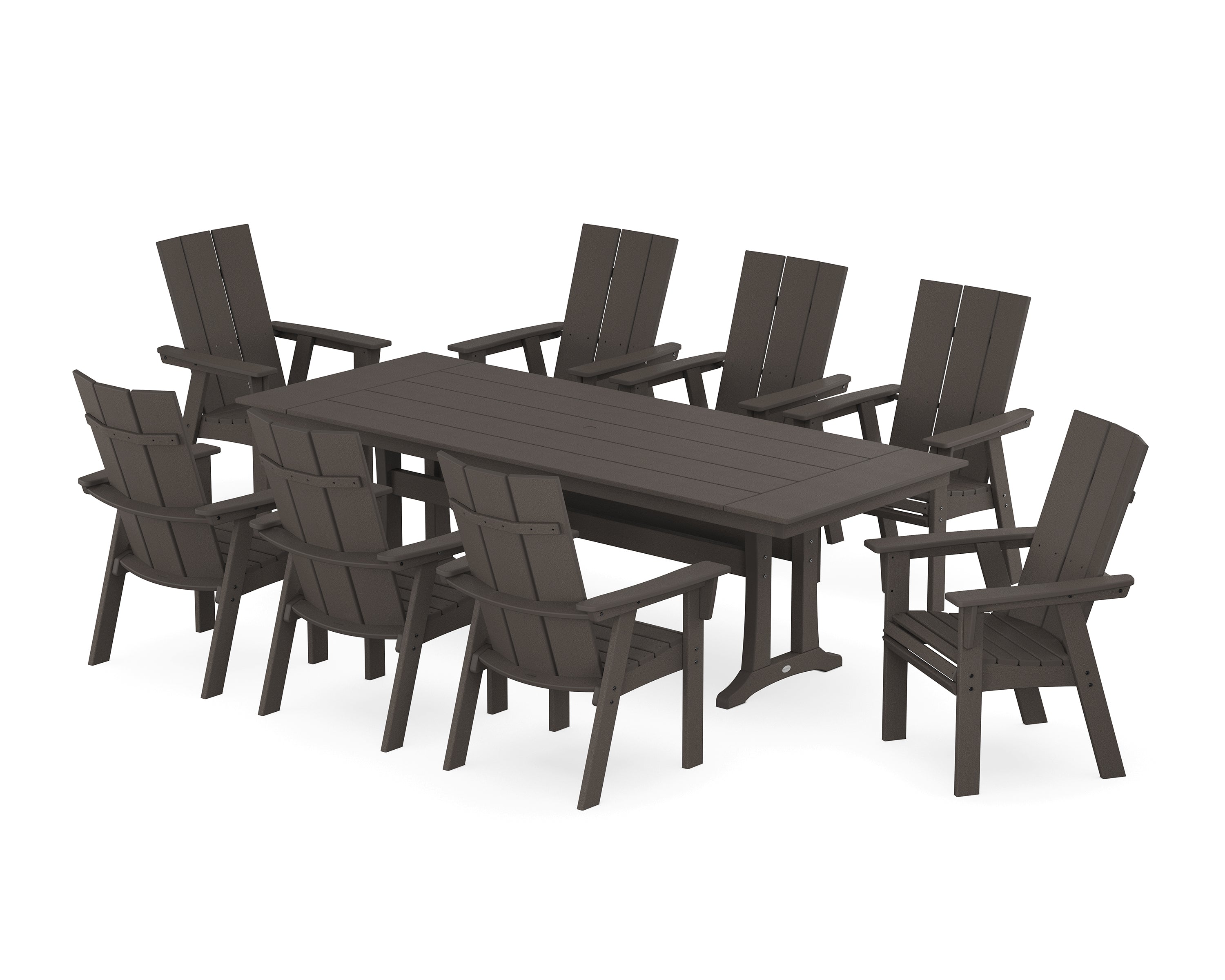 POLYWOOD® Modern Curveback Adirondack 9-Piece Farmhouse Dining Set with Trestle Legs in Vintage Coffee