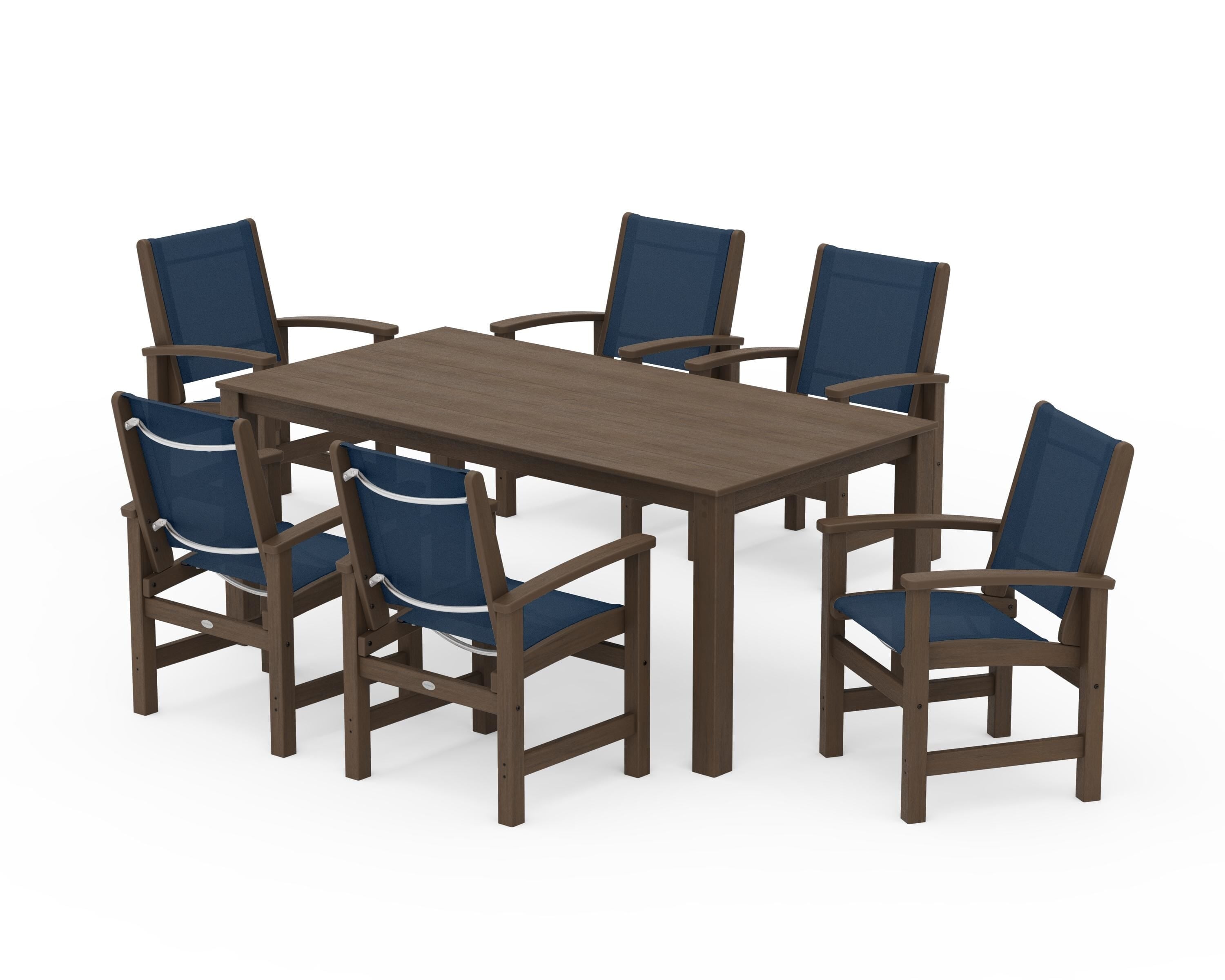 POLYWOOD Coastal 7-Piece Parsons Dining Set in Kona / Navy Blue Sling