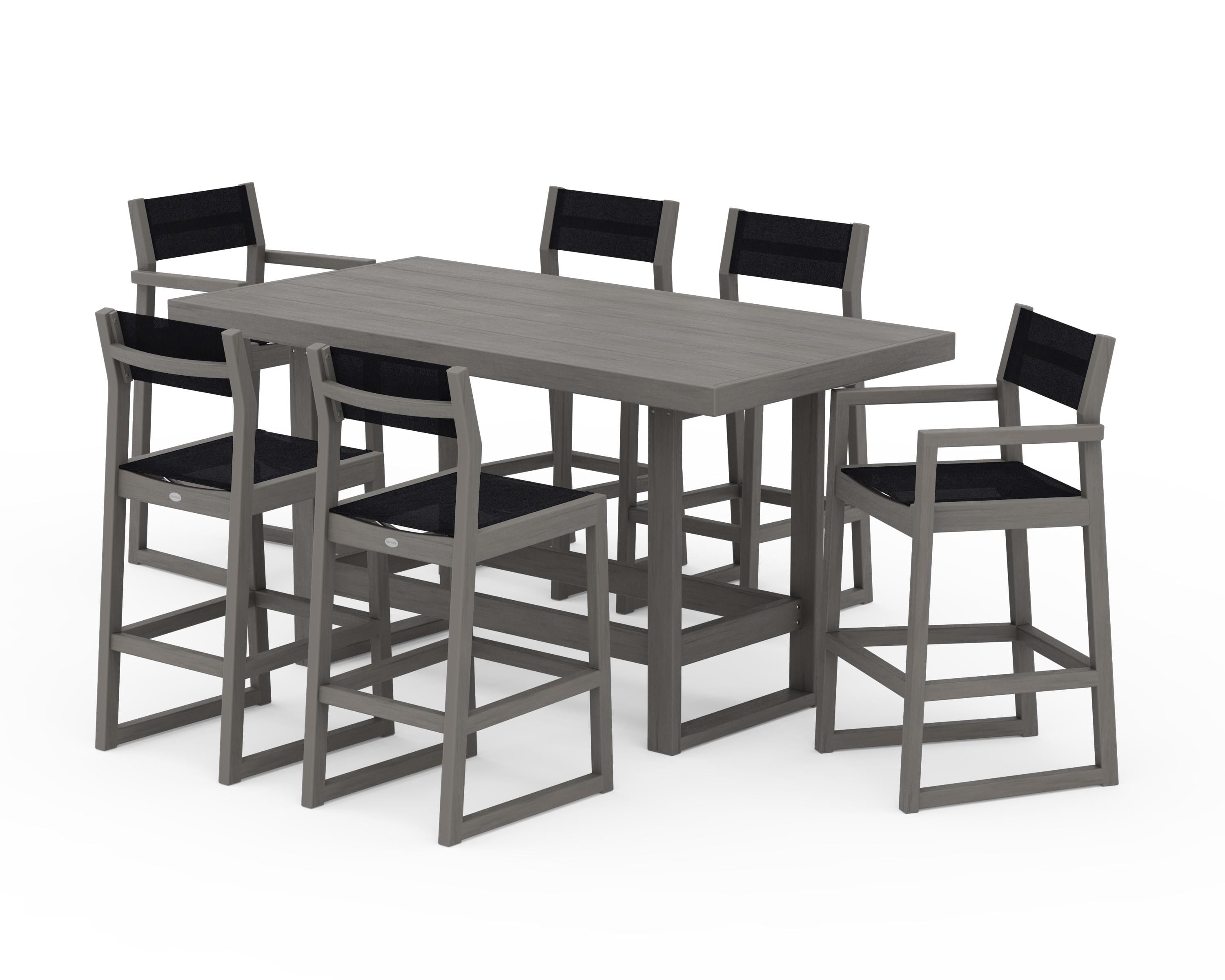 POLYWOOD EDGE Sling 7-Piece Bar Table Set in Driftwood / Black Sling
