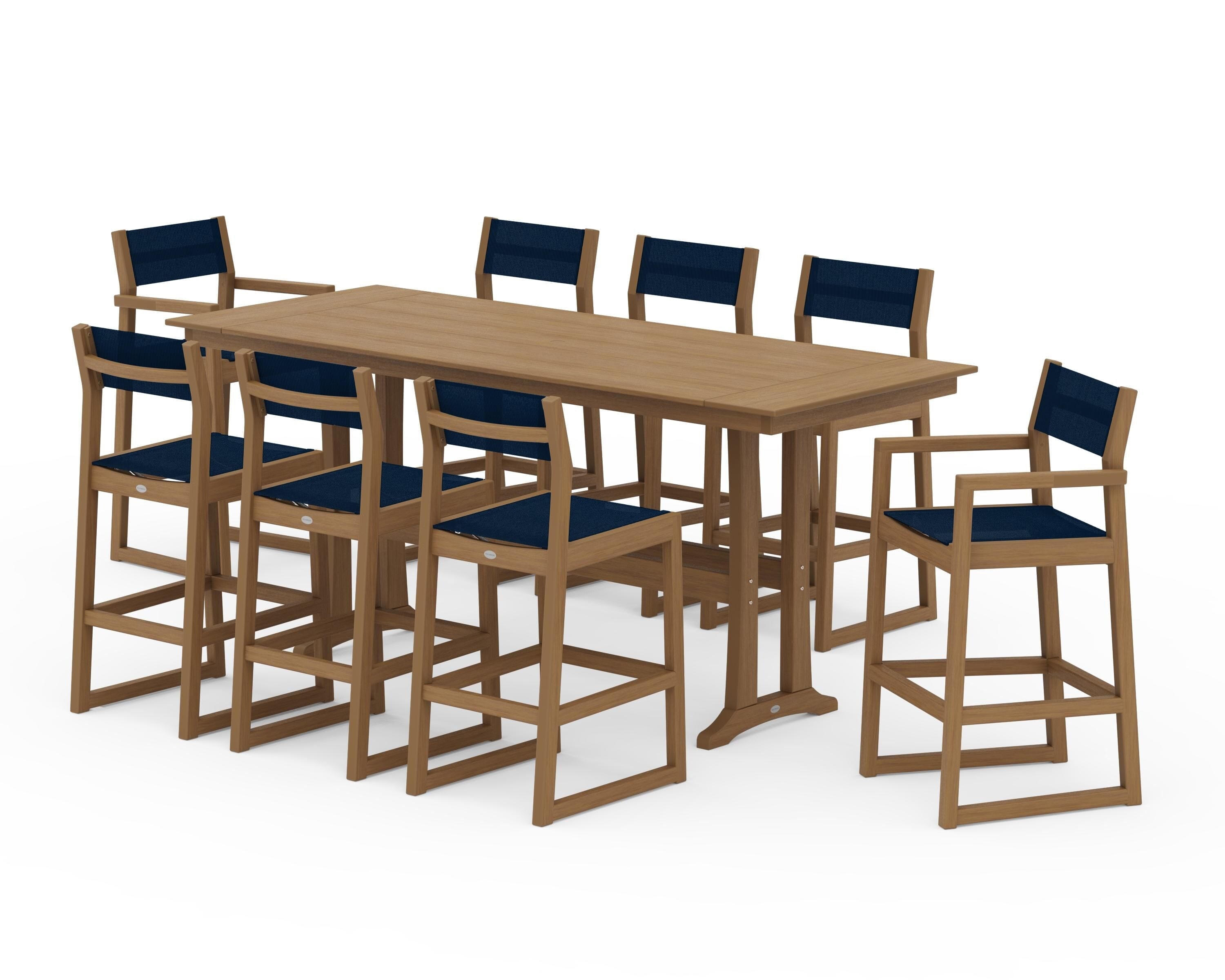 POLYWOOD EDGE Sling 9-Piece Farmhouse Bar Set with Trestle Legs in Natural / Navy Blue Sling