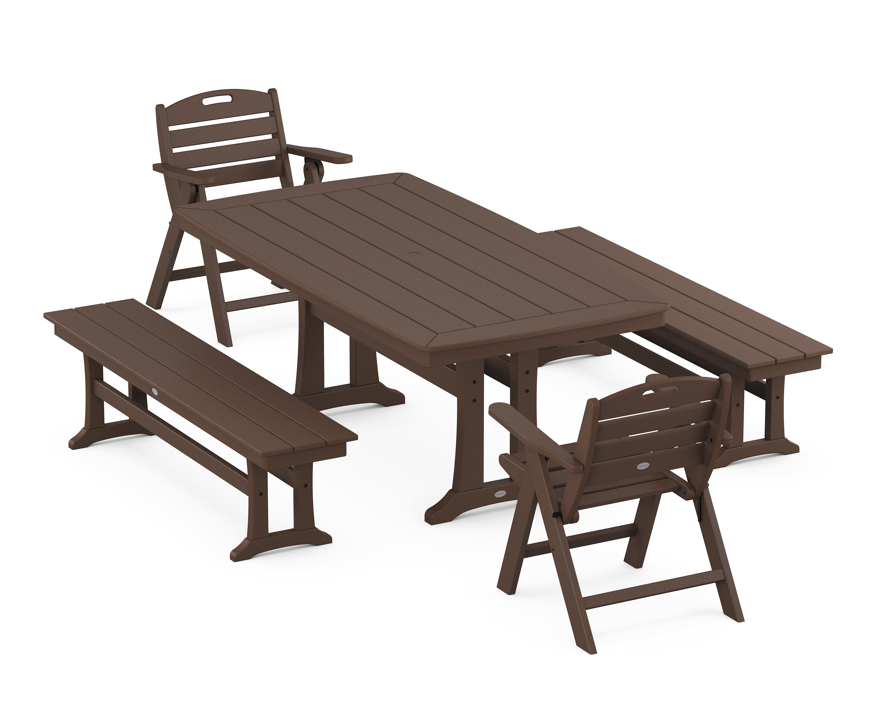 POLYWOOD® Nautical Folding Lowback Chair 5-Piece Dining Set with Trestle Legs and Benches in Mahogany