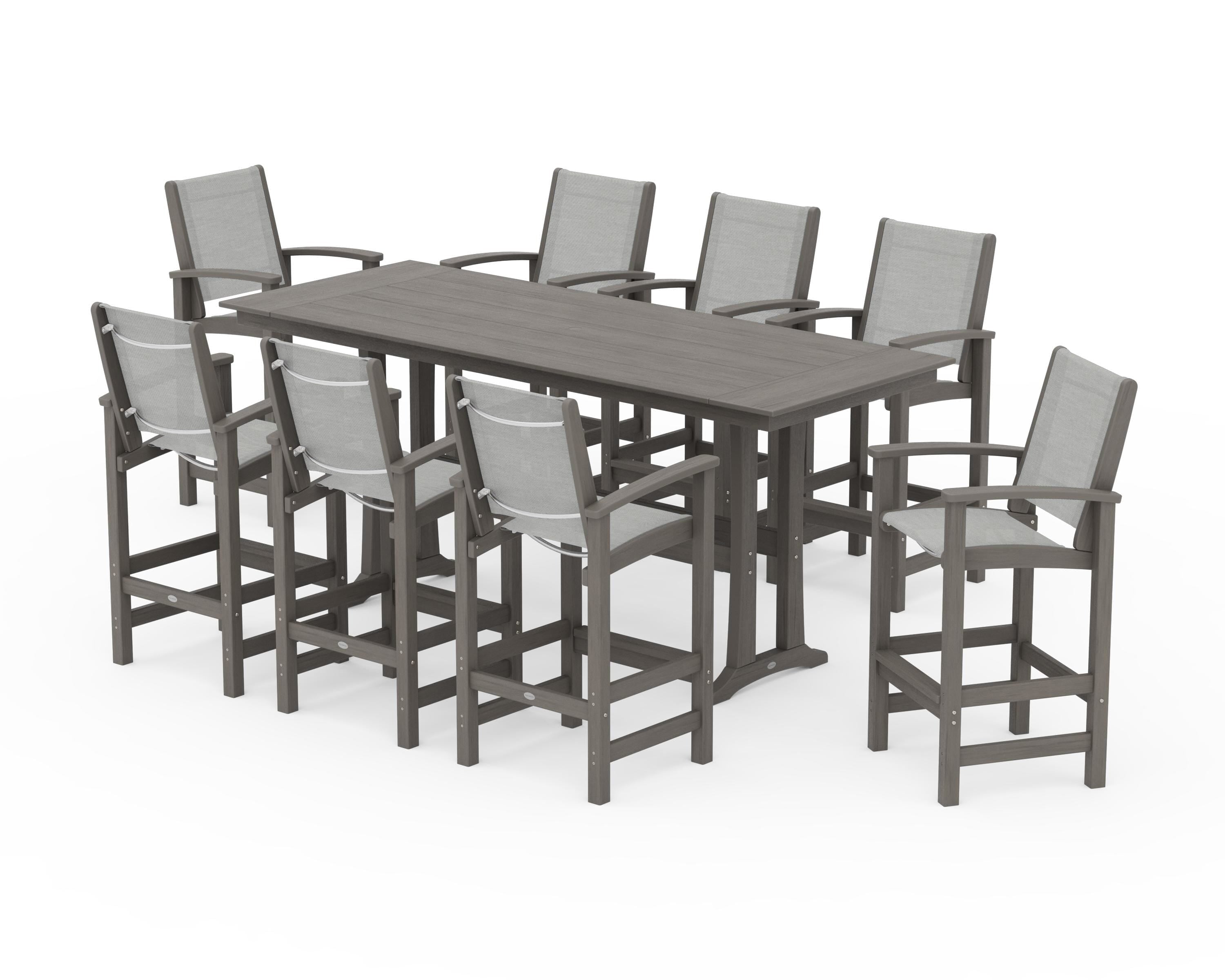POLYWOOD Coastal 9-Piece Farmhouse Bar Set with Trestle Legs in Driftwood / Metallic Sling