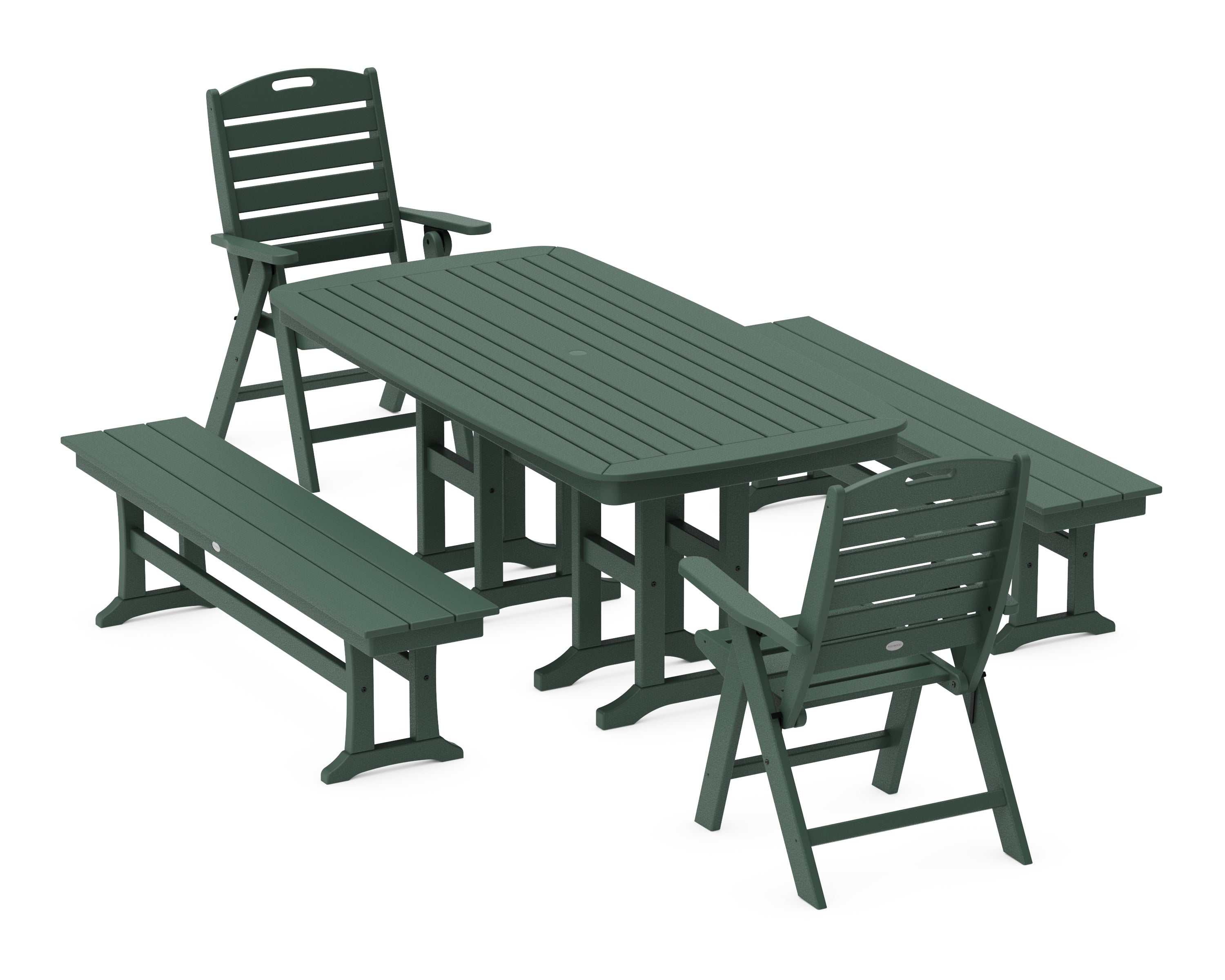 POLYWOOD Nautical Highback 5-Piece Dining Set with Benches in Green