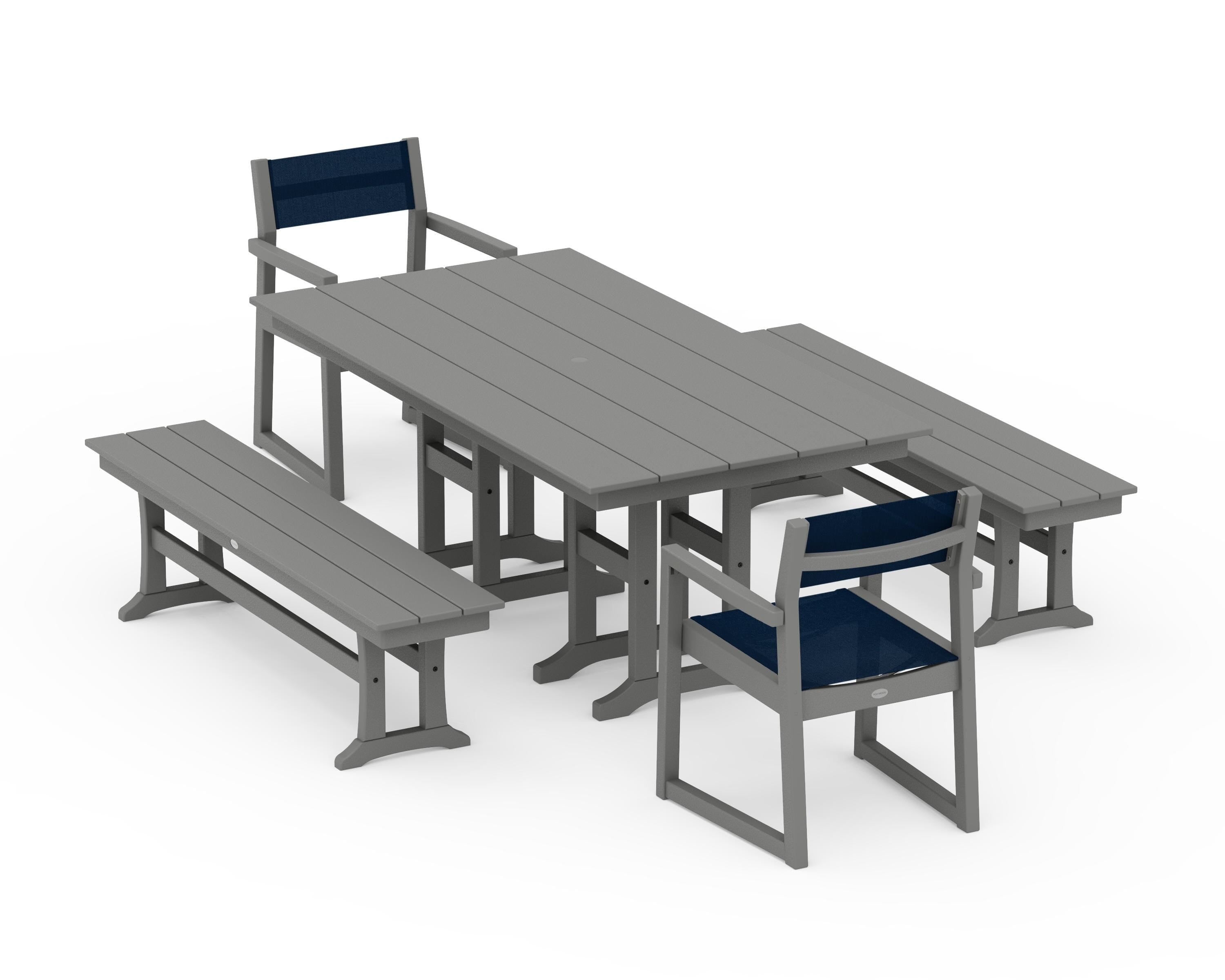 POLYWOOD EDGE Sling Arm Chair 5-Piece Farmhouse Dining Set with Benches in Slate Grey / Navy Blue Sling