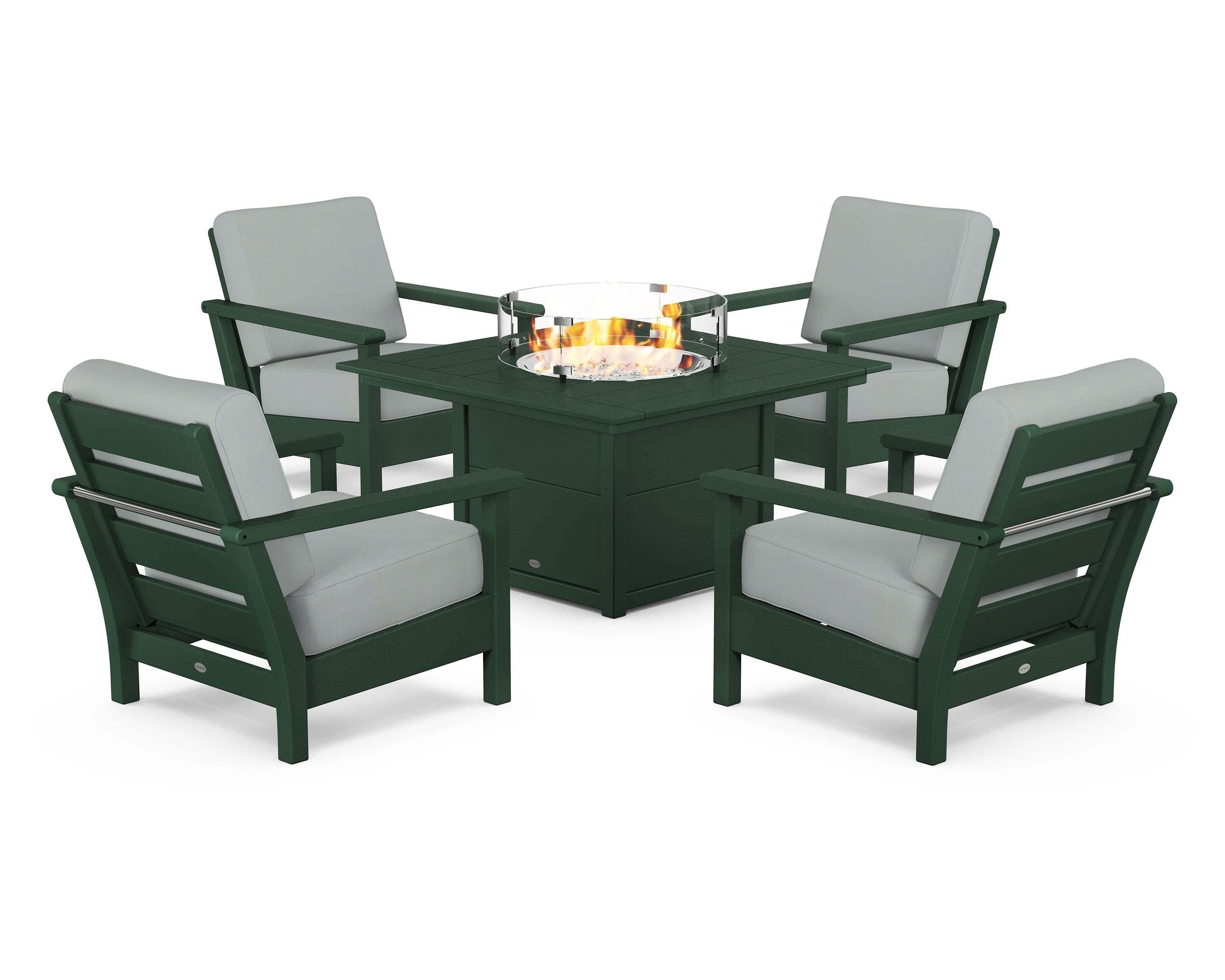 POLYWOOD Harbour 5-Piece Conversation Set with Fire Pit Table in Green / Spa