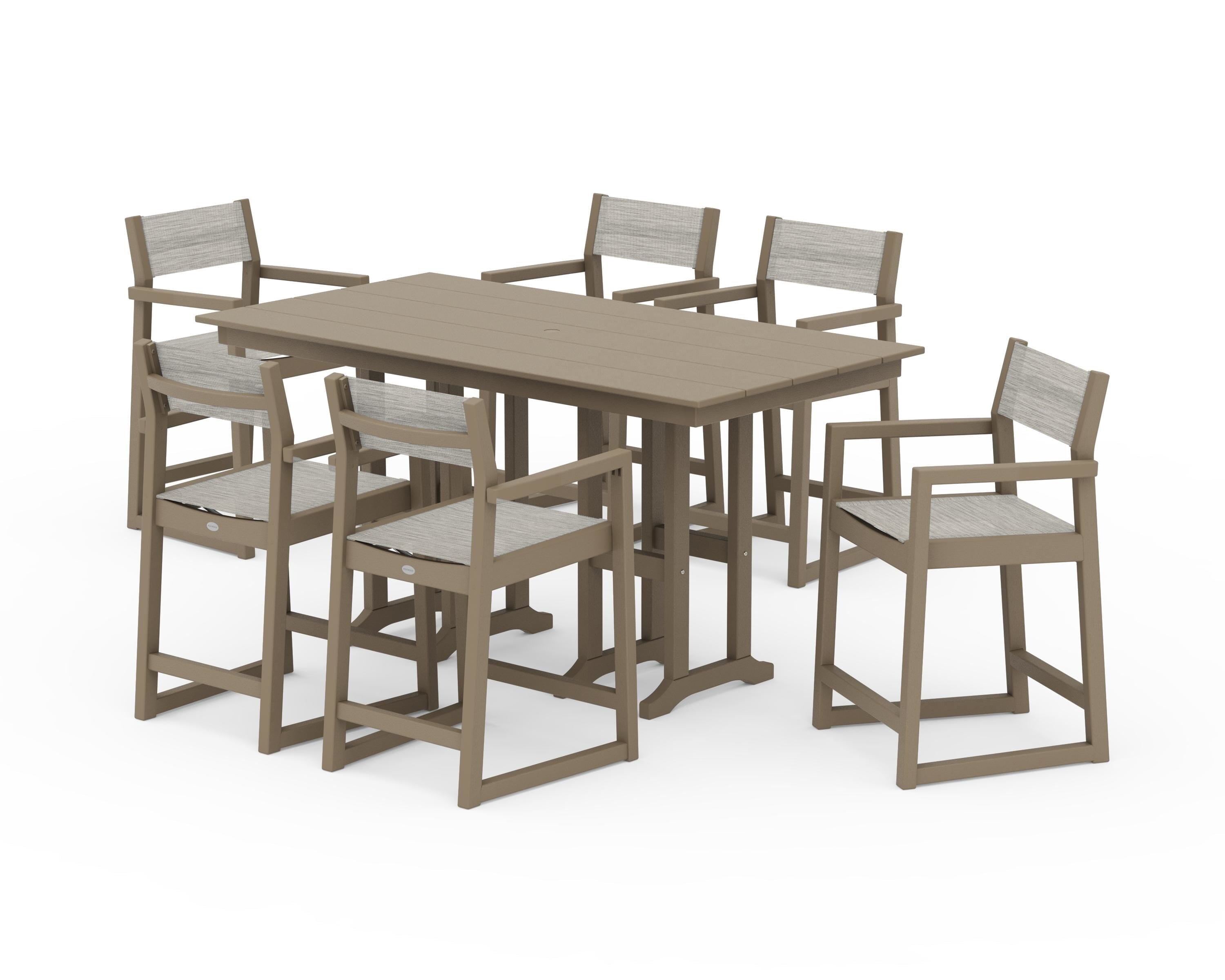 POLYWOOD EDGE Sling Arm Chair 7-Piece Farmhouse Counter Set in Vintage Sahara / Birch Sling