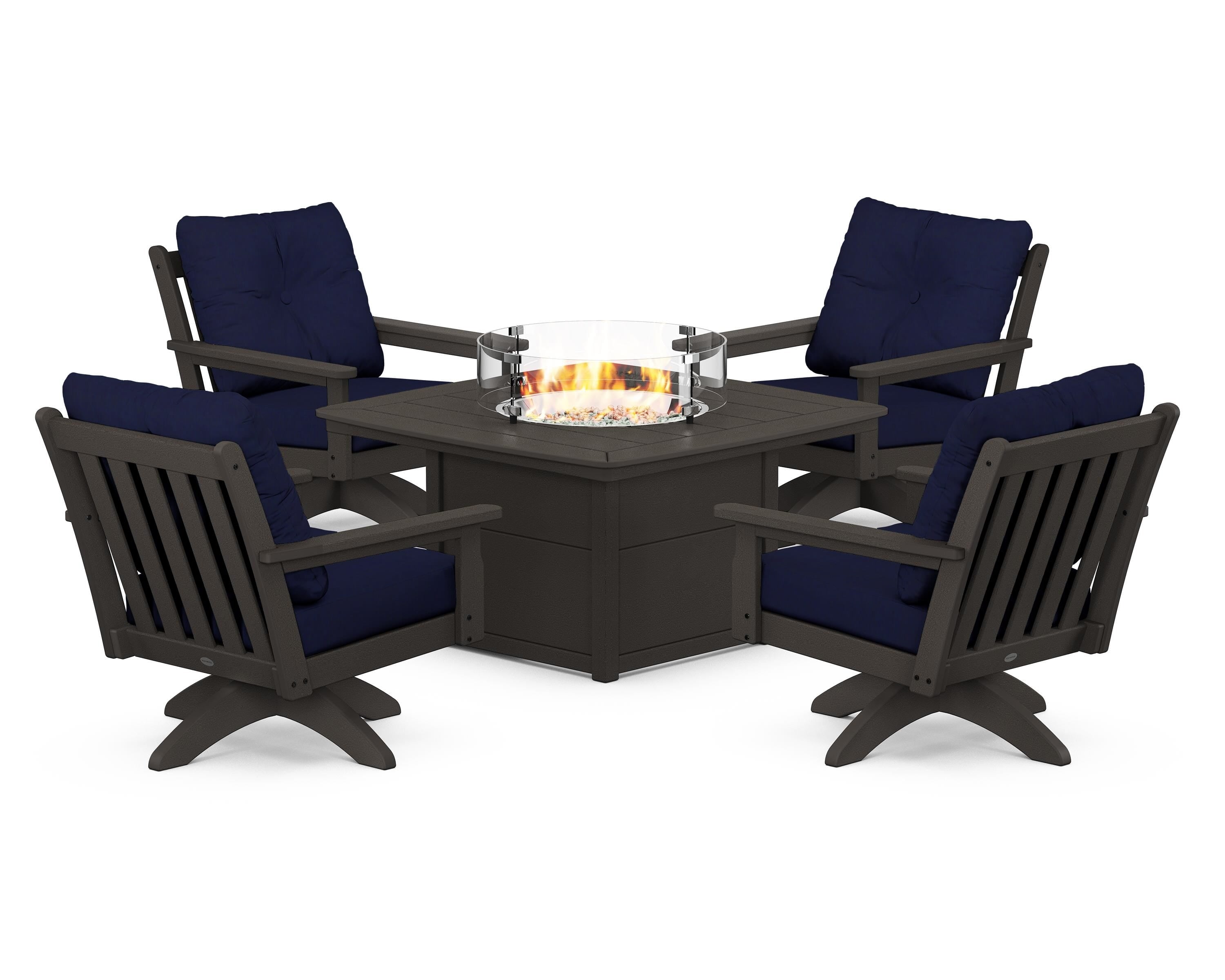 POLYWOOD Vineyard 5-Piece Deep Seating Swivel Conversation Set with Fire Pit Table in Vintage Coffee / Navy