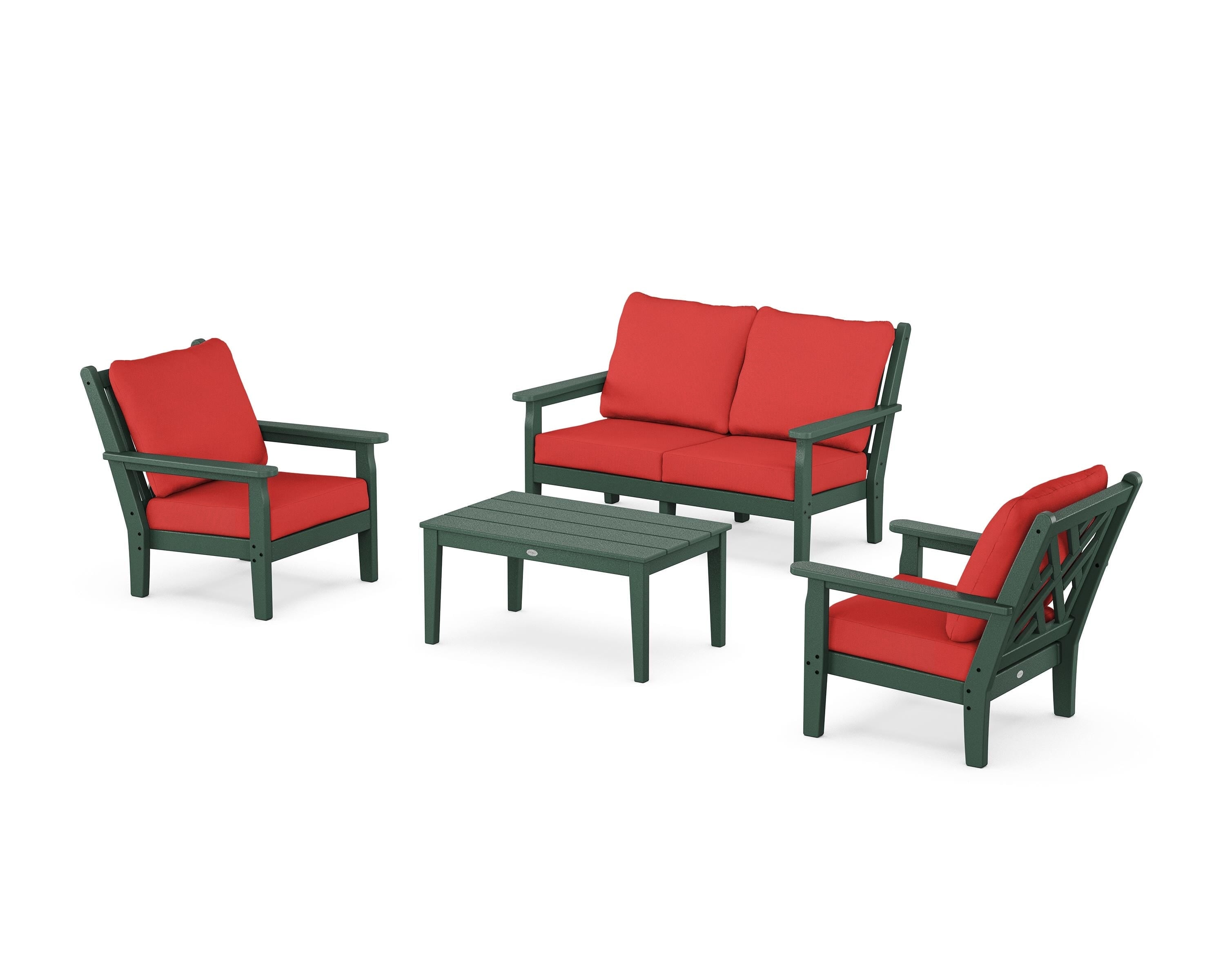 POLYWOOD Chippendale 4-Piece Deep Seating Set with Loveseat in Green / Crimson Linen