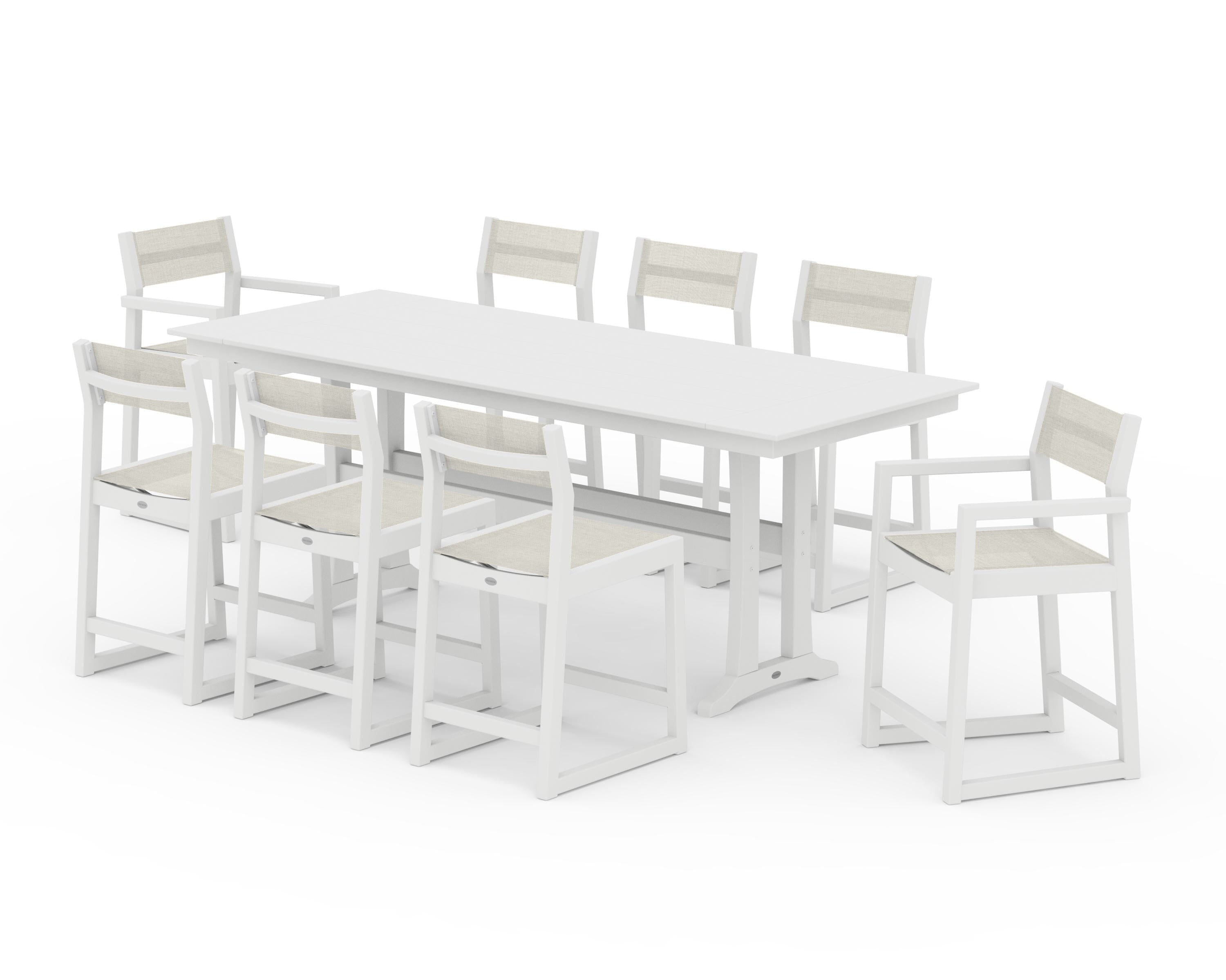 POLYWOOD EDGE Sling 9-Piece Farmhouse Counter Set with Trestle Legs in White / Parchment Sling