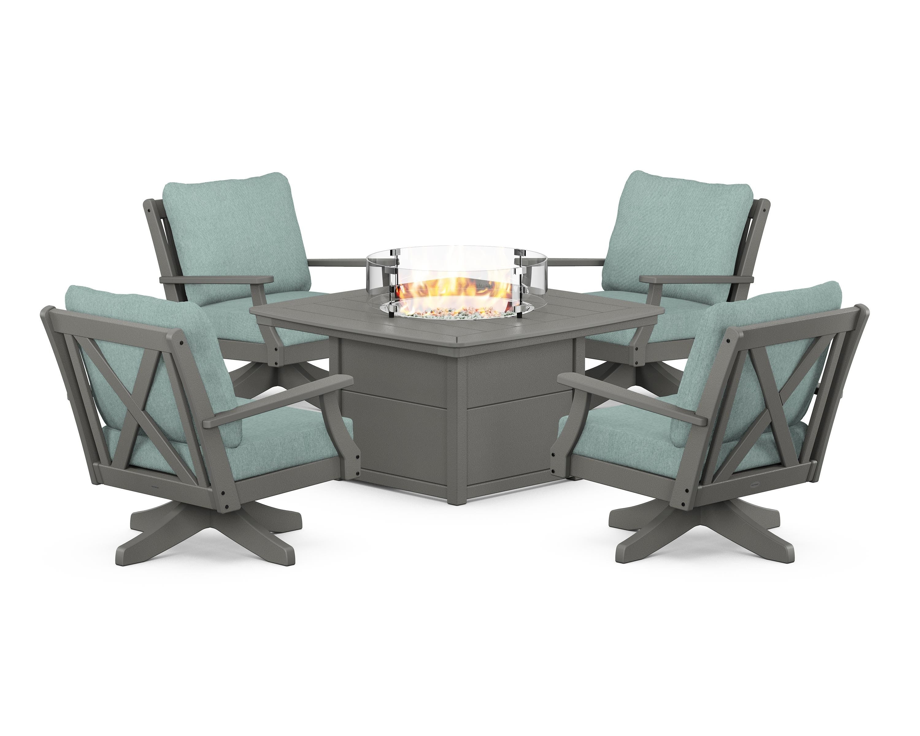 POLYWOOD Braxton 5-Piece Deep Seating Swivel Conversation Set with Fire Pit Table in Slate Grey / Glacier Spa