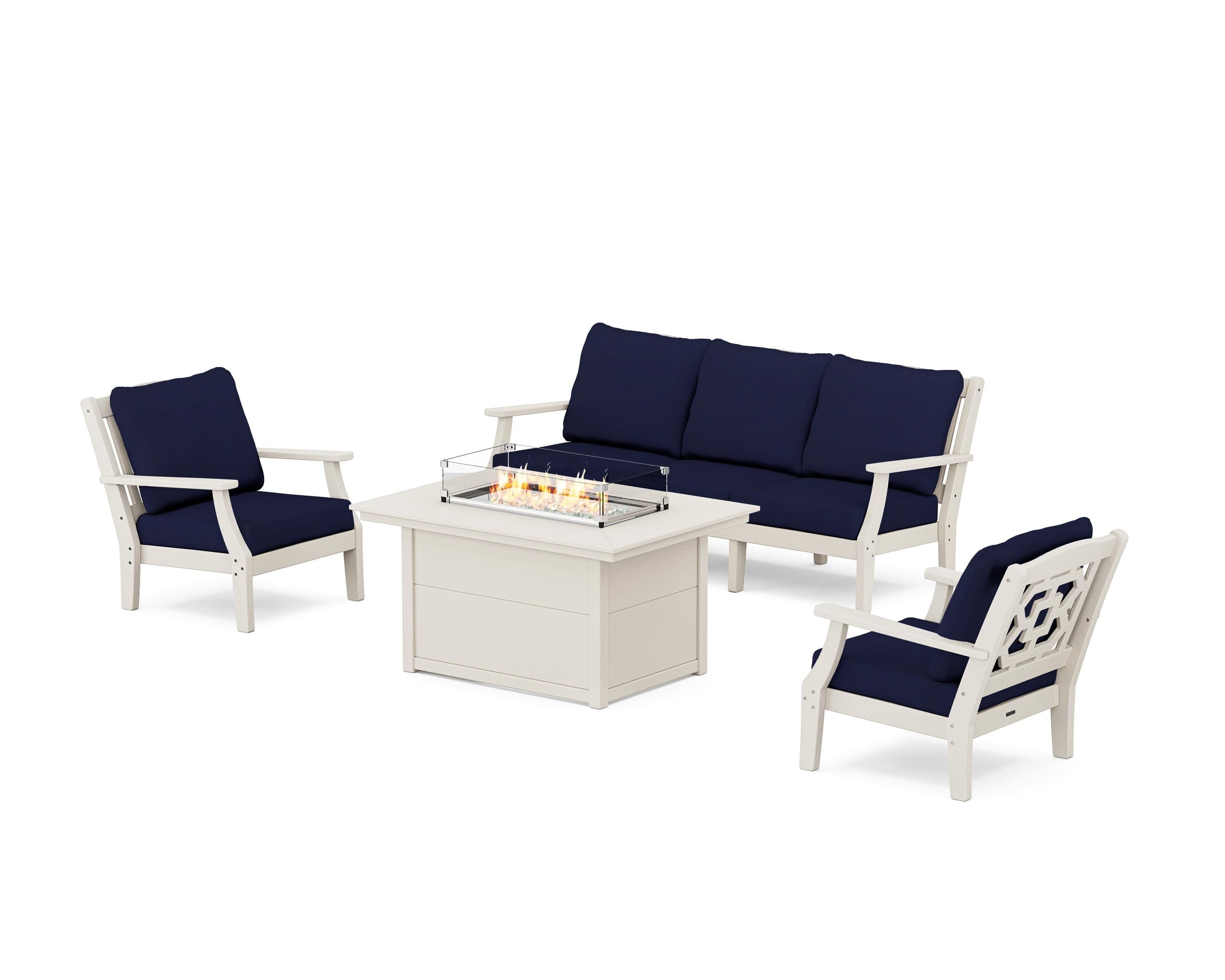 Martha Stewart by POLYWOOD Chinoiserie Deep Seating Fire Pit Table Set in Sand / Navy
