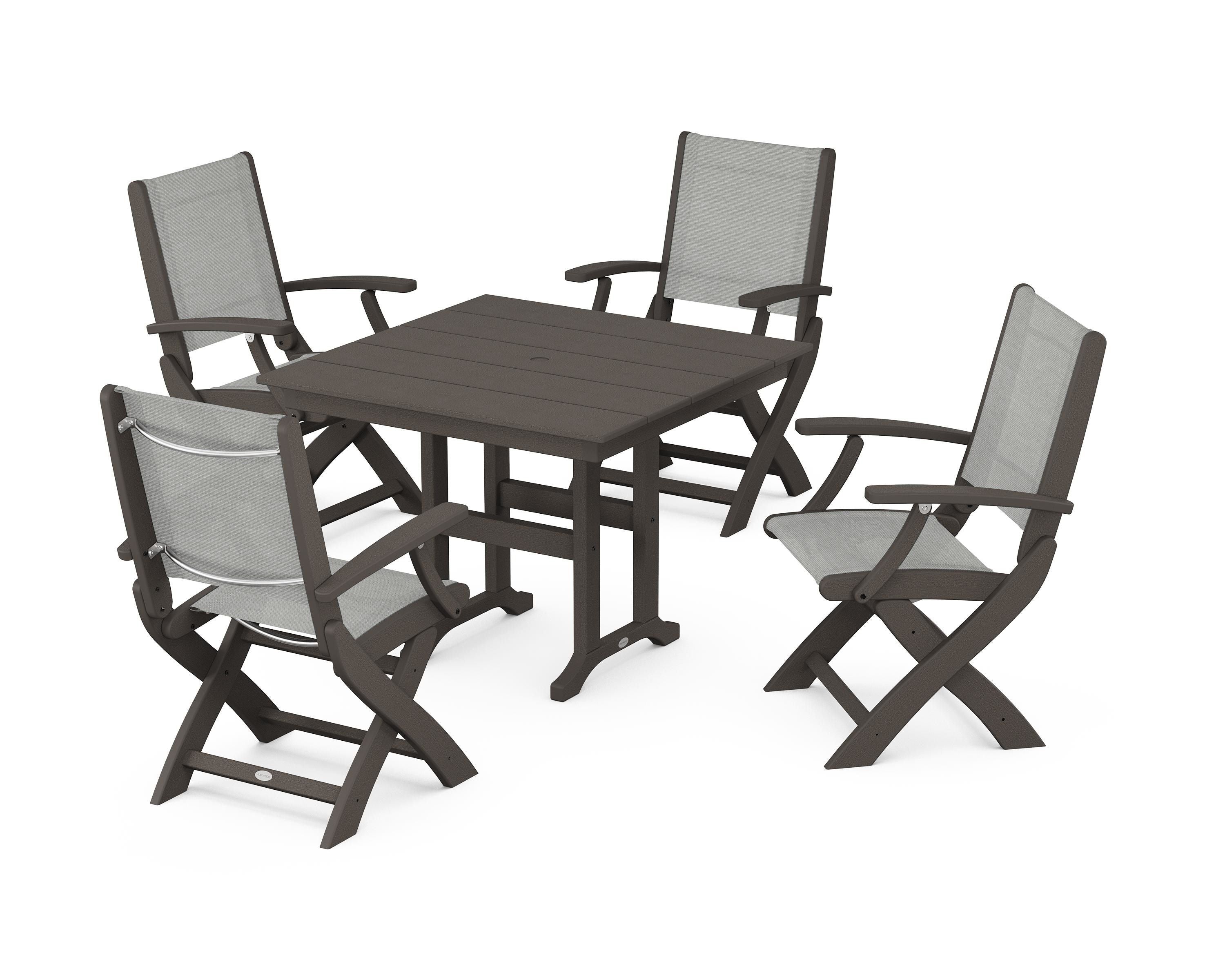 POLYWOOD Coastal Folding Chair 5-Piece Farmhouse Dining Set in Vintage Coffee / Metallic Sling