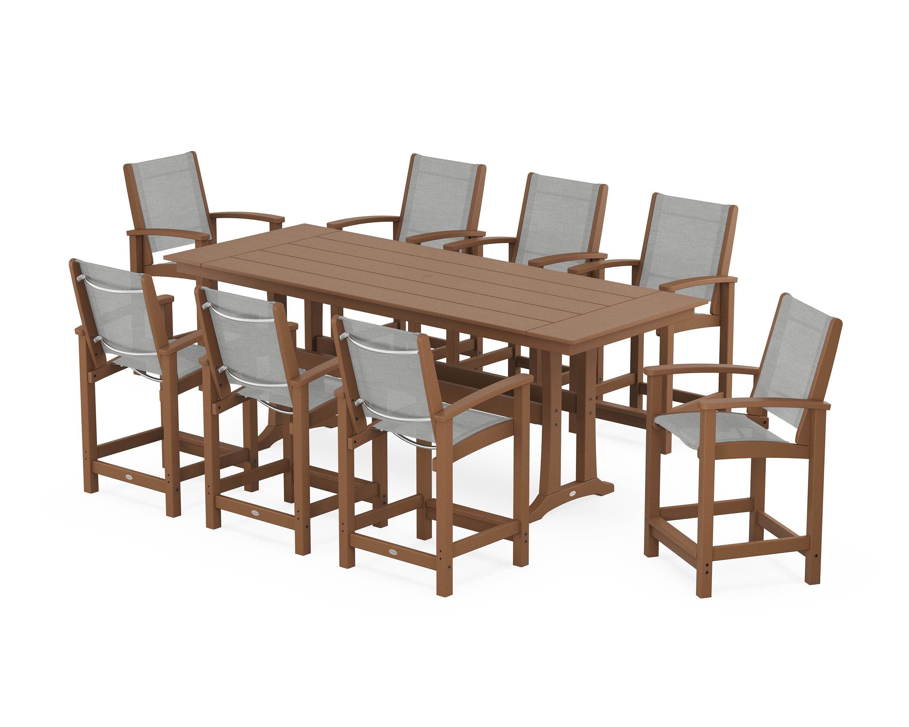 POLYWOOD Coastal 9-Piece Farmhouse Counter Set with Trestle Legs in Teak / Metallic Sling