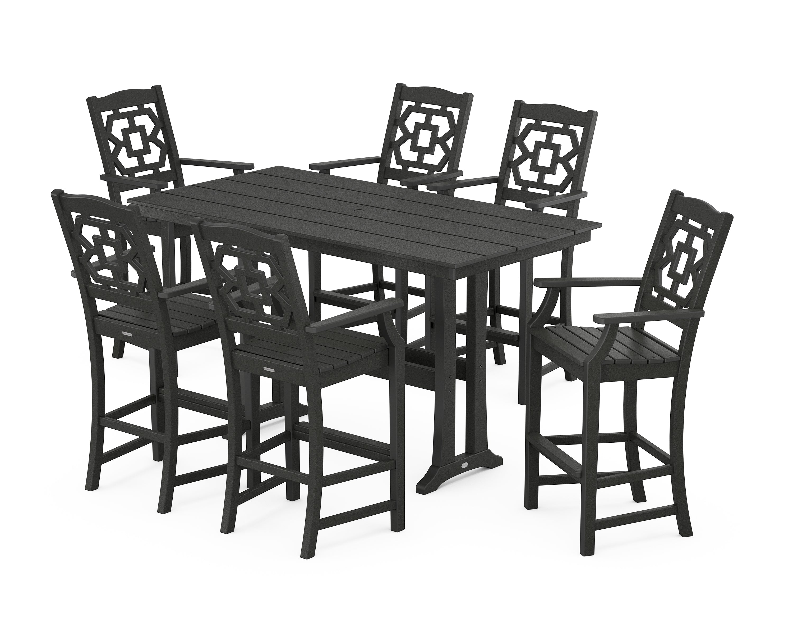 Martha Stewart by POLYWOOD Chinoiserie Arm Chair 7-Piece Farmhouse Bar Set with Trestle Legs in Black