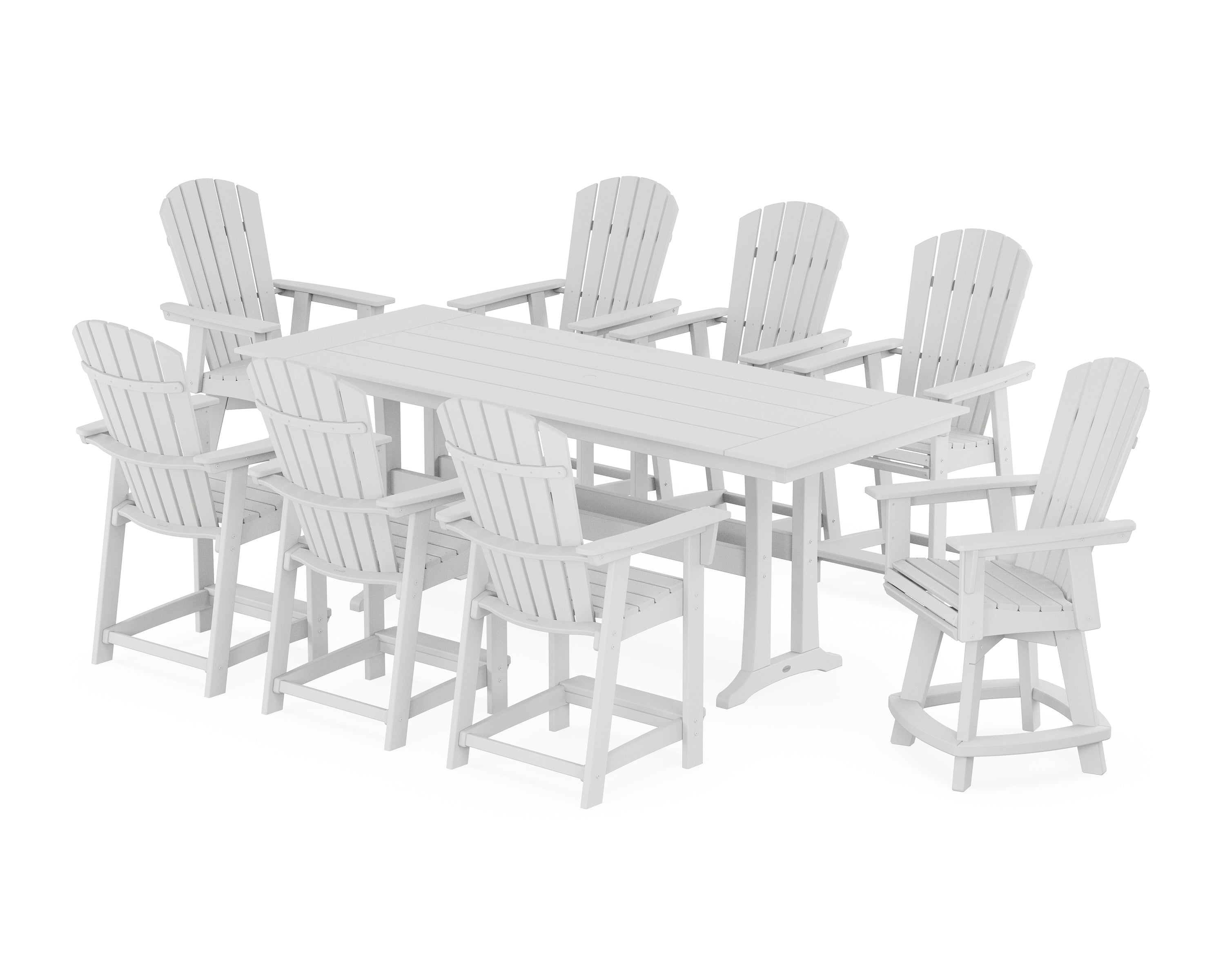 POLYWOOD® Nautical Curveback Adirondack Swivel 9-Piece Farmhouse Swivel Counter Set with Trestle Legs in White