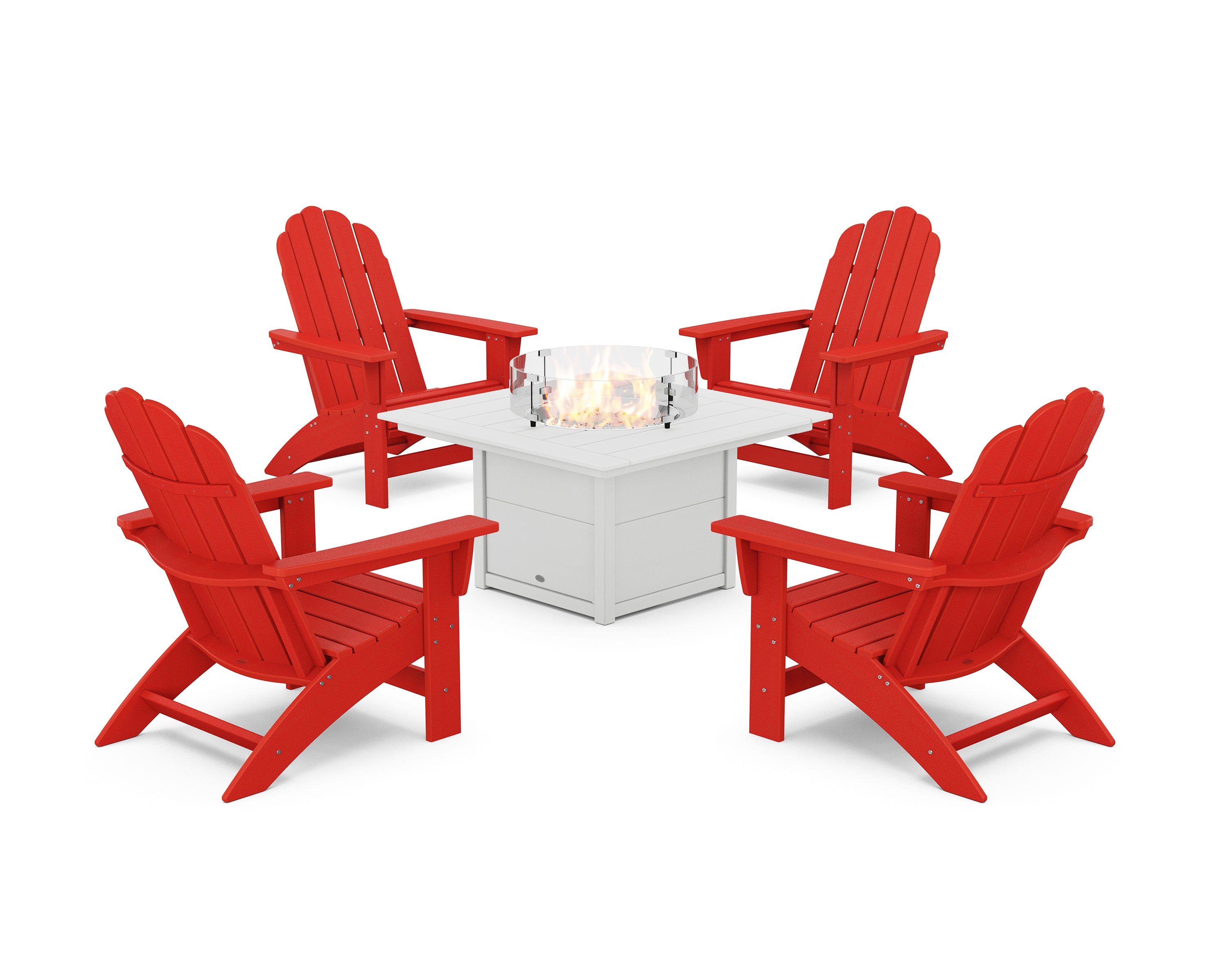 POLYWOOD 5-Piece Vineyard Grand Adirondack Conversation Set with Fire Pit Table in Sunset Red / White