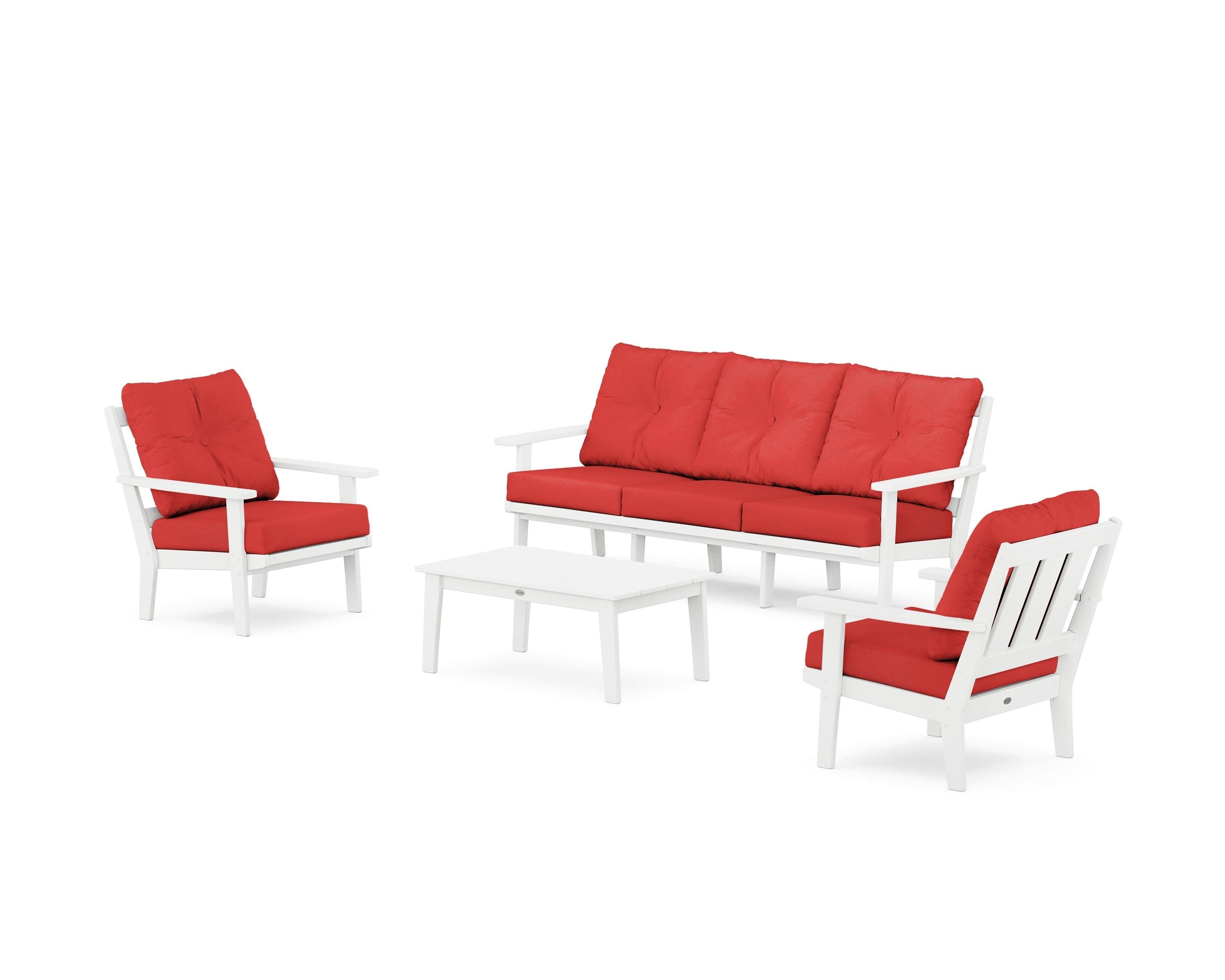 POLYWOOD Oxford 4-Piece Deep Seating Set with Sofa in White / Crimson Linen