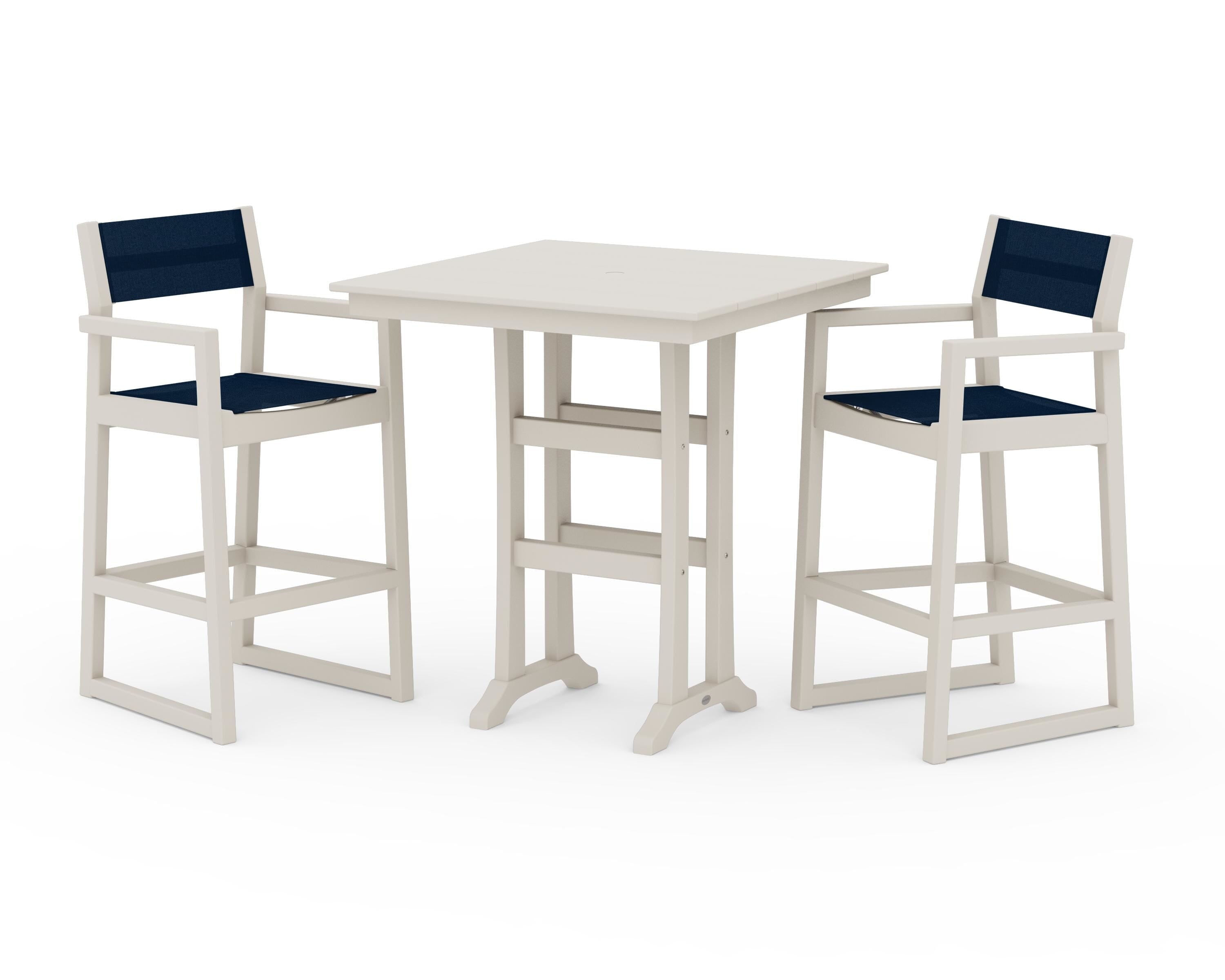 POLYWOOD EDGE Sling Arm Chair 3-Piece Farmhouse Bar Set with Trestle Legs in Sand / Navy Blue Sling