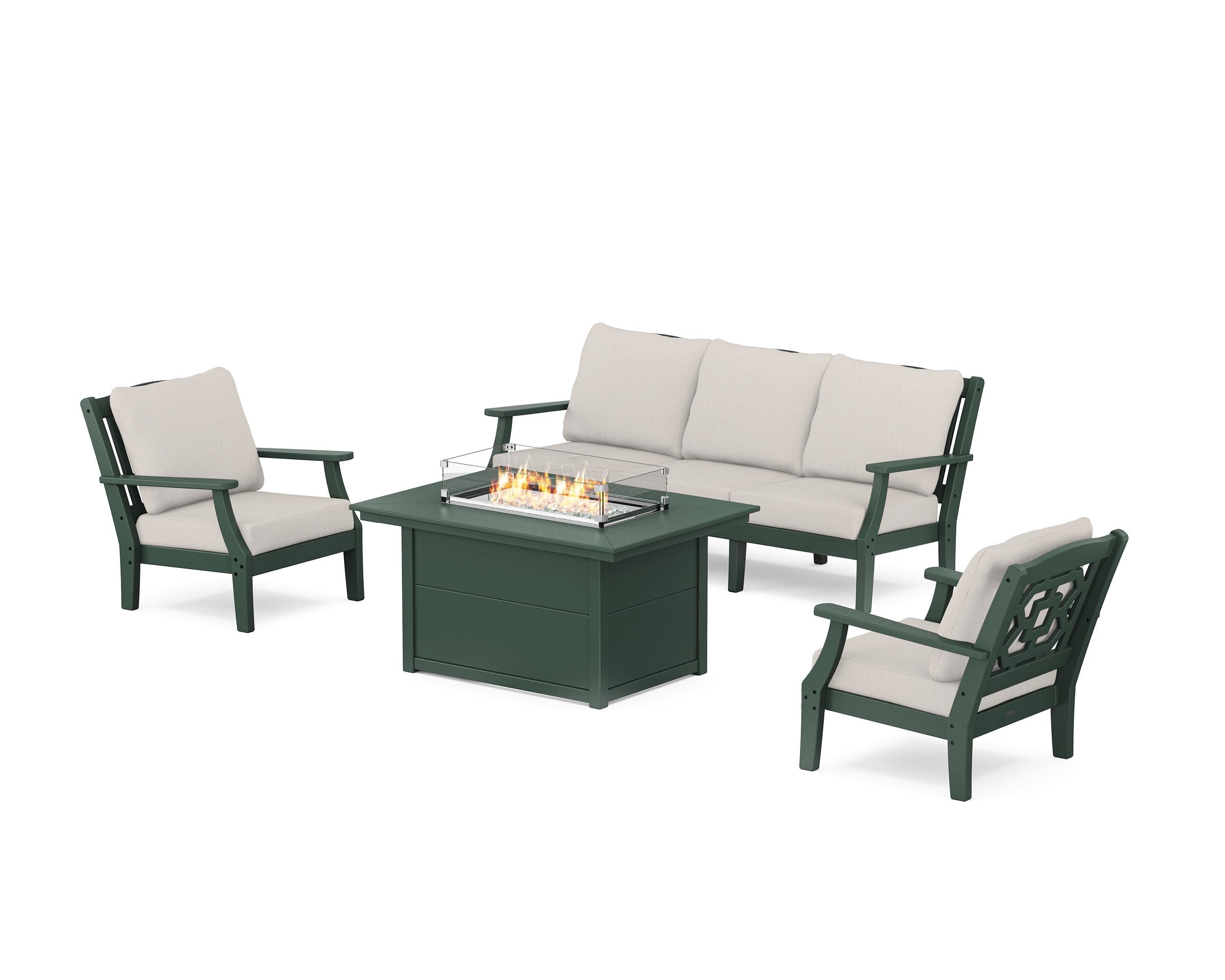 Martha Stewart by POLYWOOD Chinoiserie Deep Seating Fire Pit Table Set in Green / Cast Ash