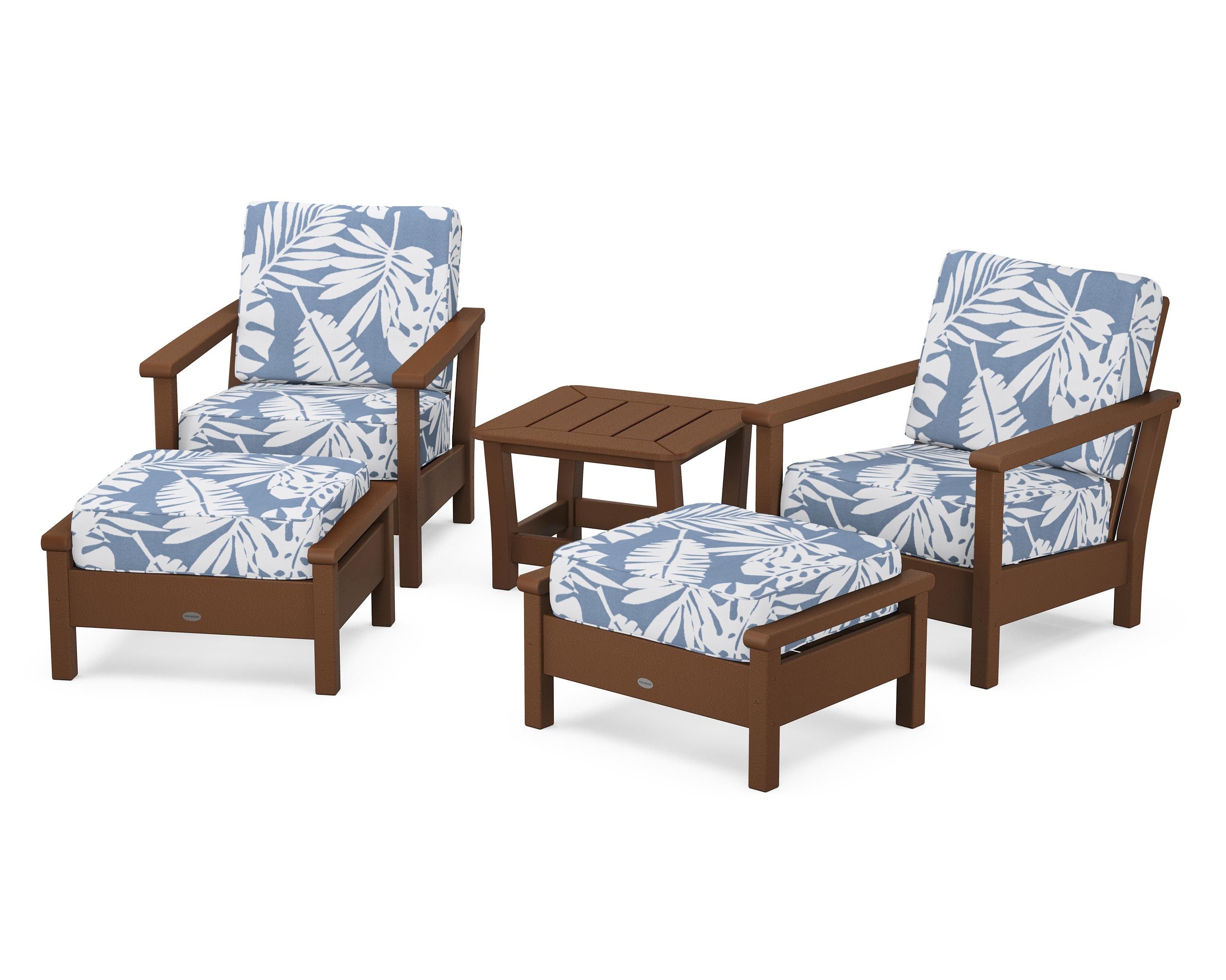 POLYWOOD Harbour 5-Piece Deep Seating Chair Set in Teak / Leaf Sky Blue