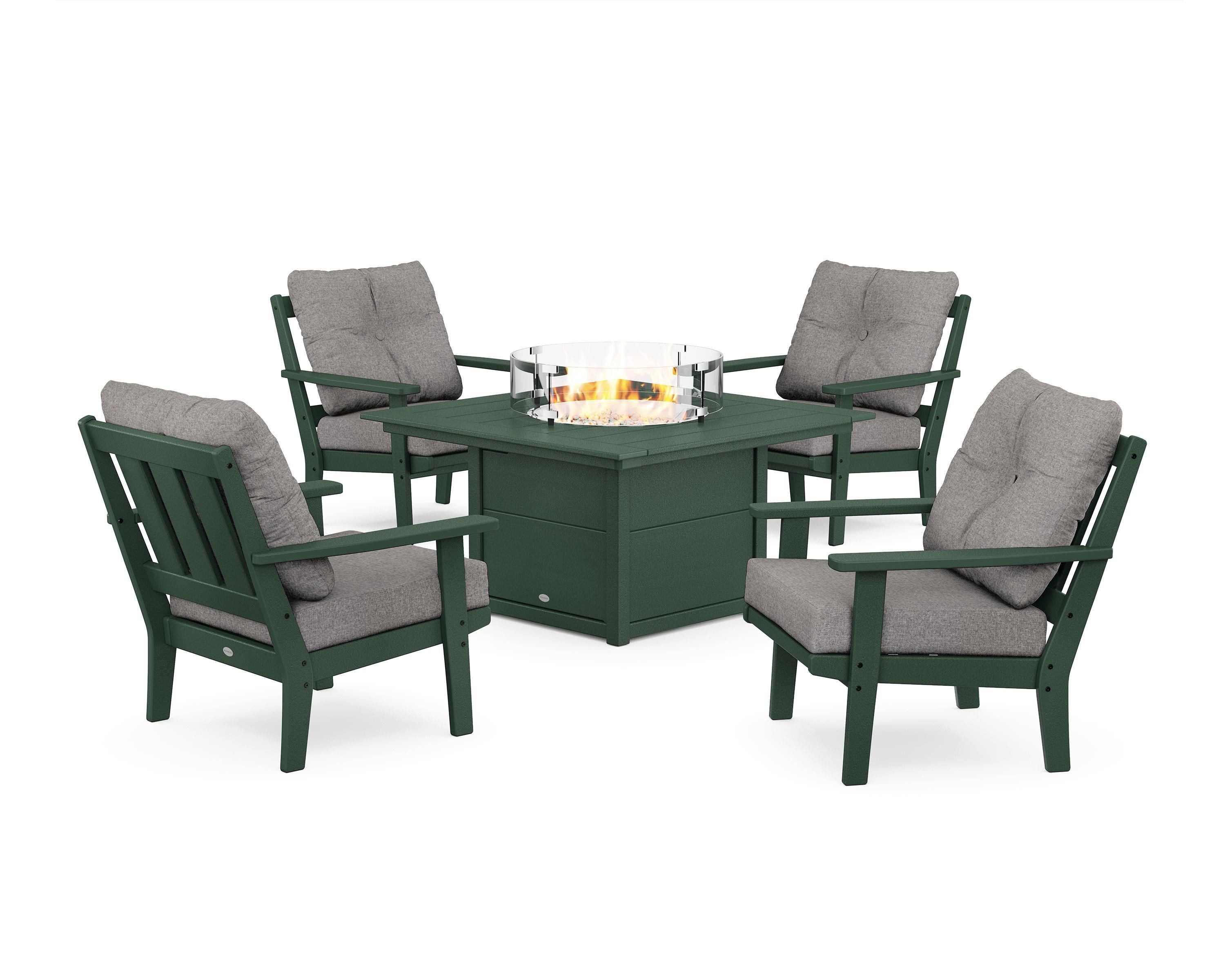 POLYWOOD Oxford 5-Piece Deep Seating Set with Fire Pit Table in Green / Grey Mist