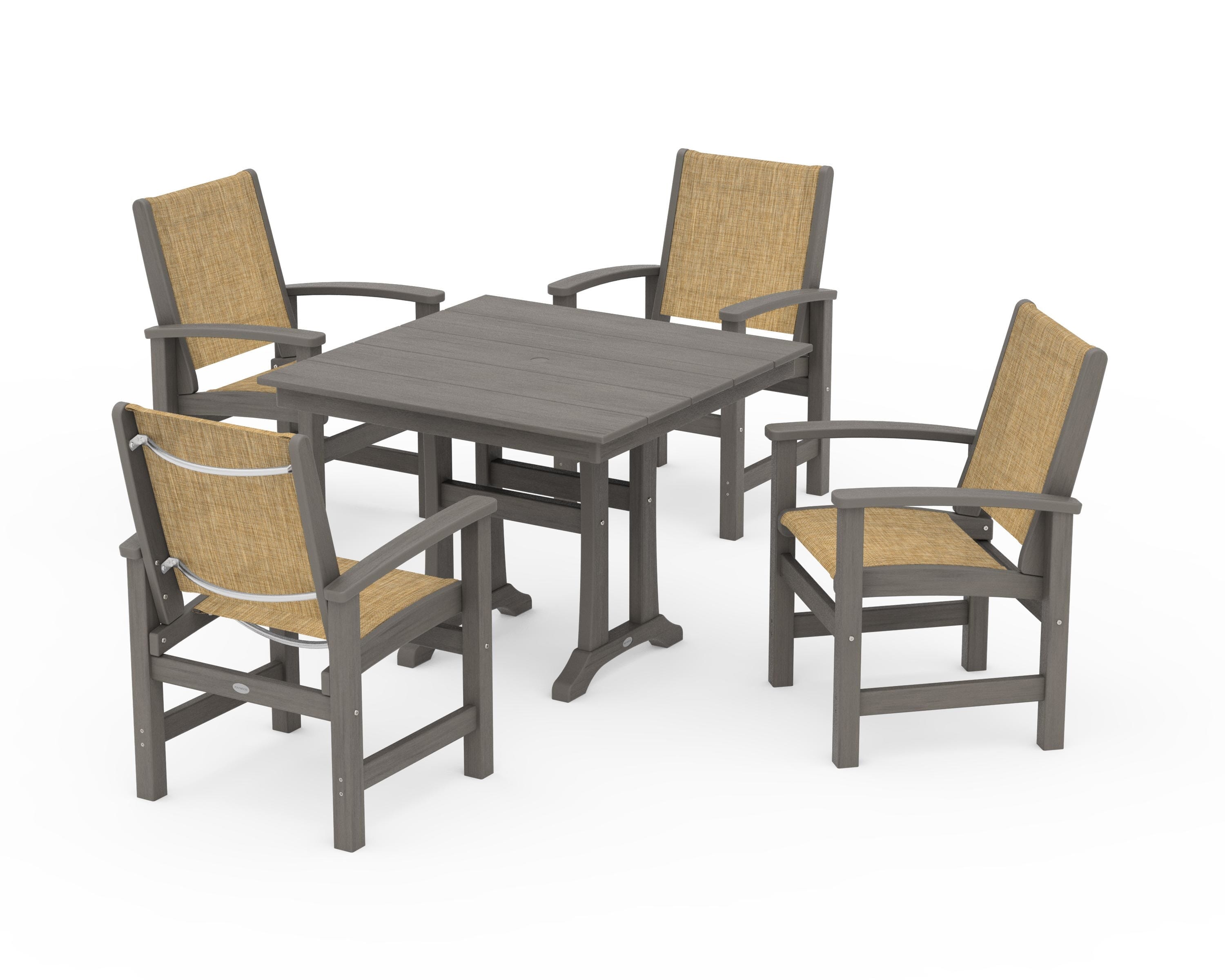 POLYWOOD Coastal 5-Piece Farmhouse Dining Set With Trestle Legs in Driftwood / Burlap Sling
