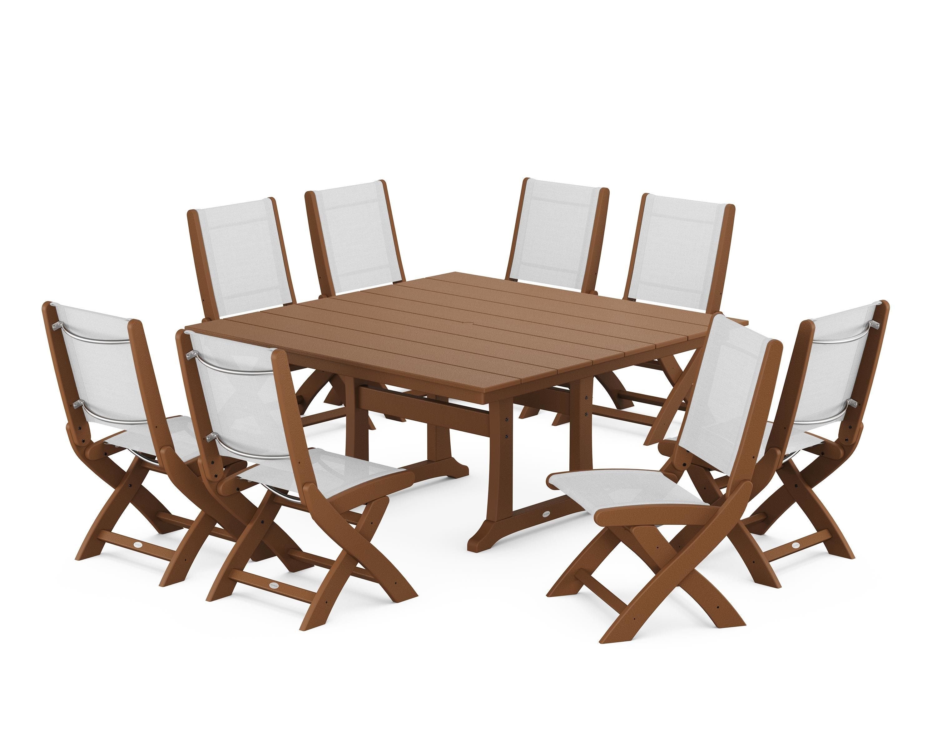 POLYWOOD Coastal Folding Side Chair 9-Piece Farmhouse Dining Set in Teak / White Sling