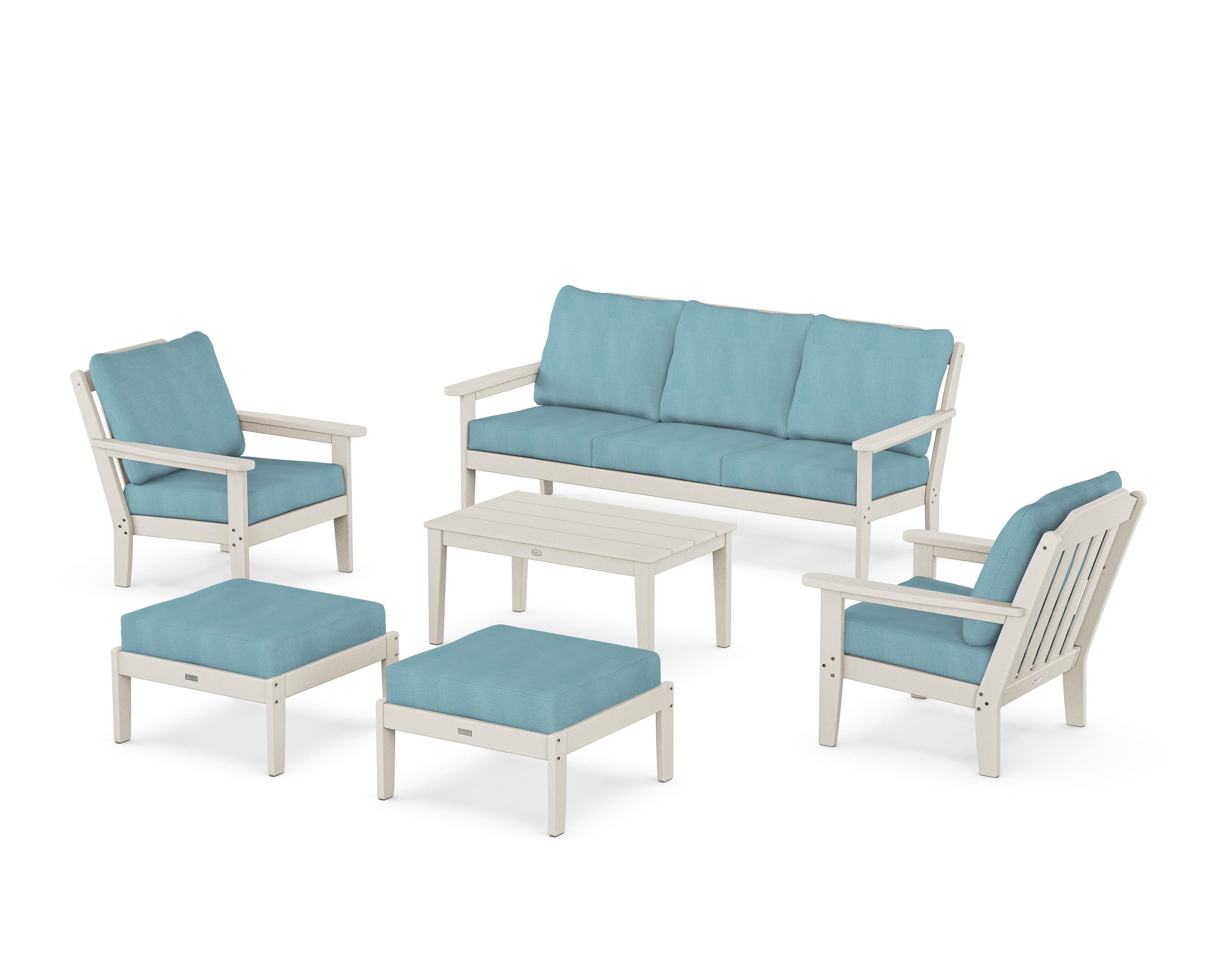 Country Living Cottage 6-Piece Lounge Sofa Set in Sand / Lattice Sky Blue