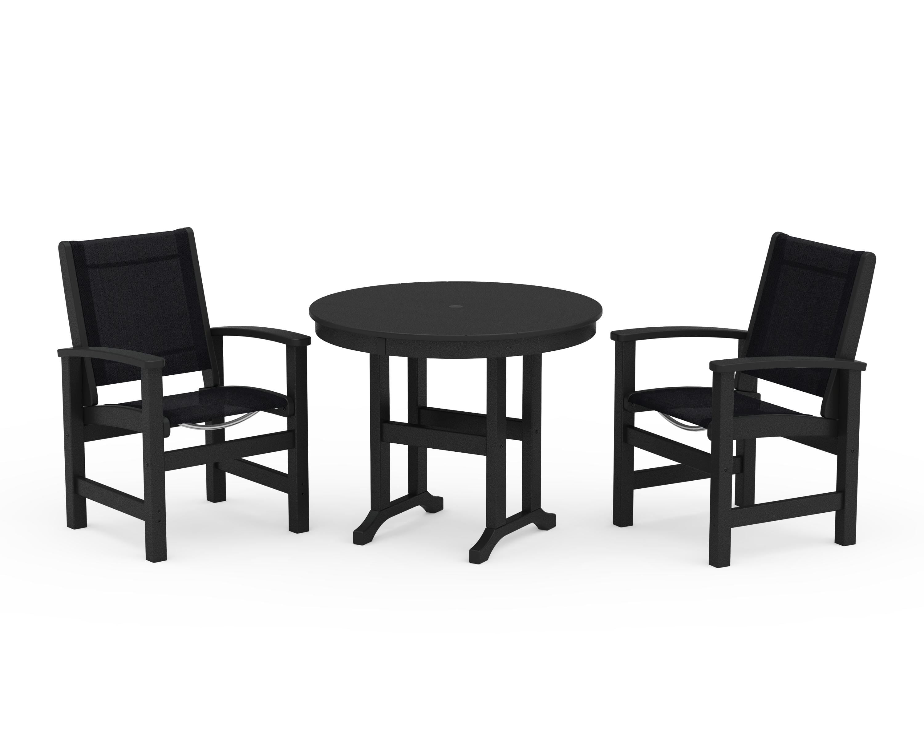POLYWOOD Coastal 3-Piece Round Dining Set in Black / Black Sling