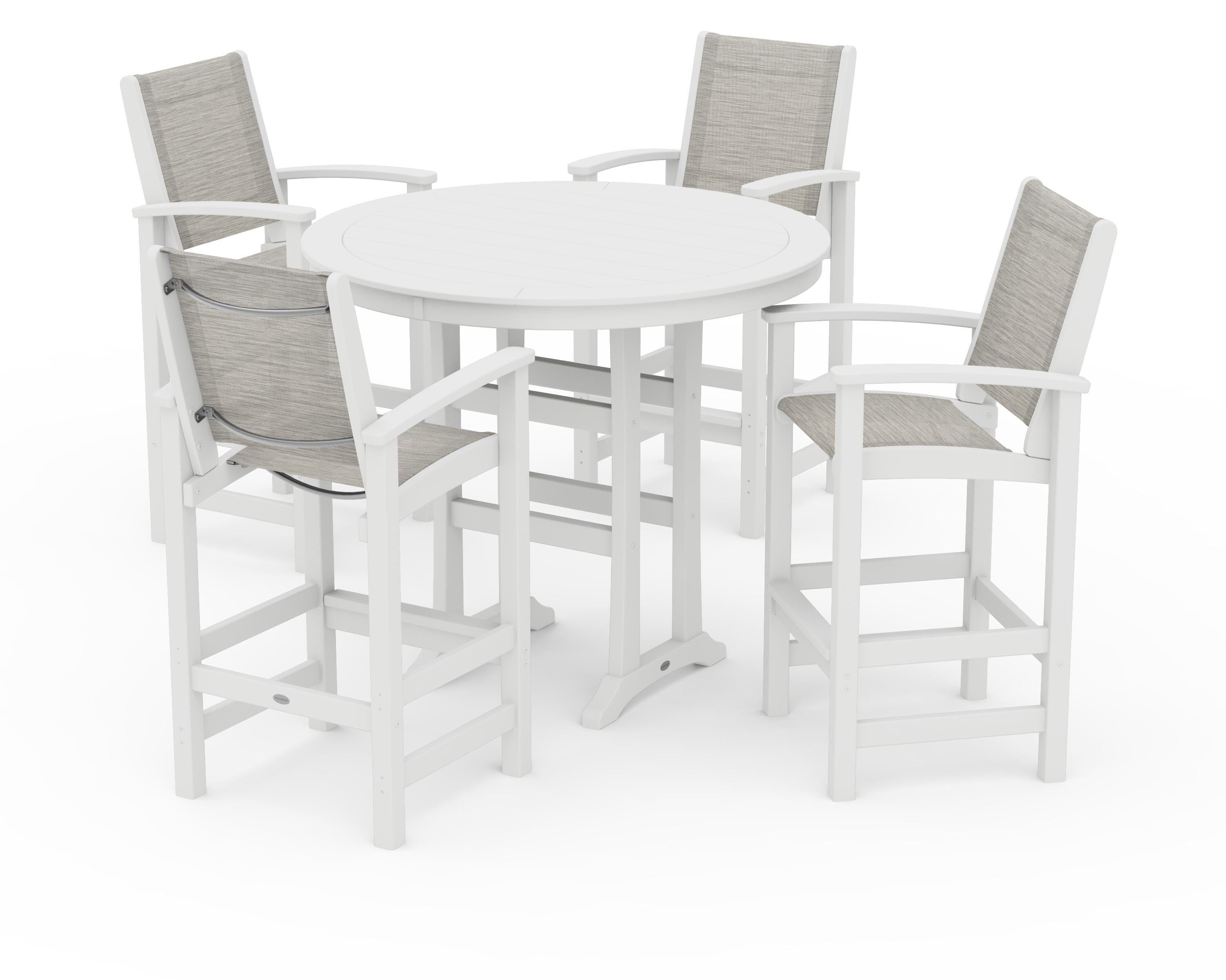 POLYWOOD Coastal 5-Piece Nautical Trestle Bar Set in White / Birch Sling
