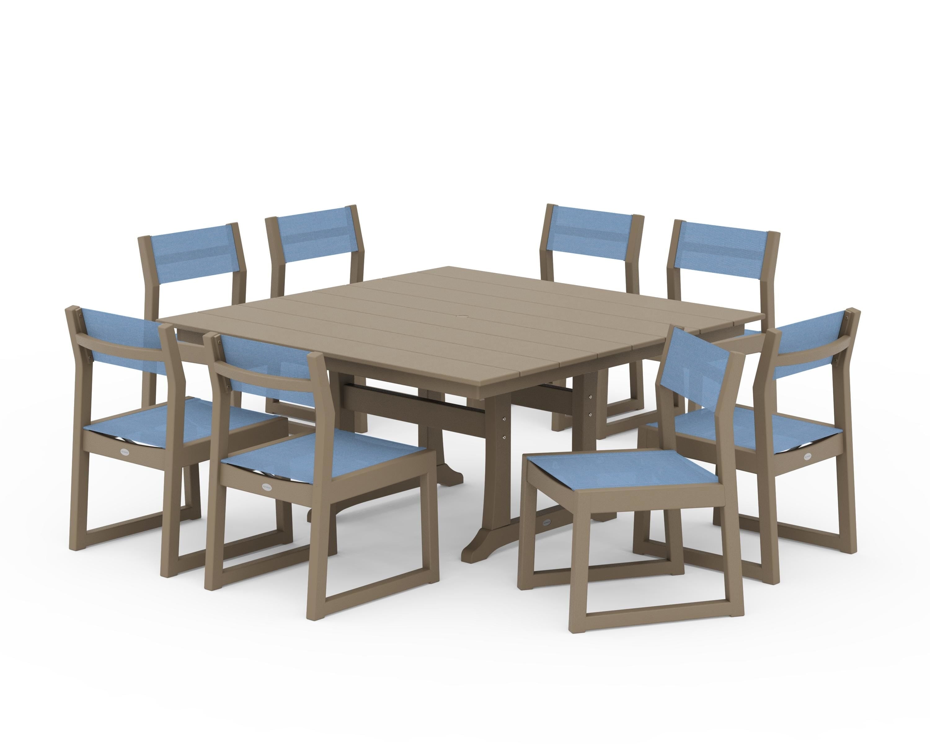 POLYWOOD EDGE Sling Side Chair 9-Piece Farmhouse Trestle Dining Set in Vintage Sahara / Poolside Sling