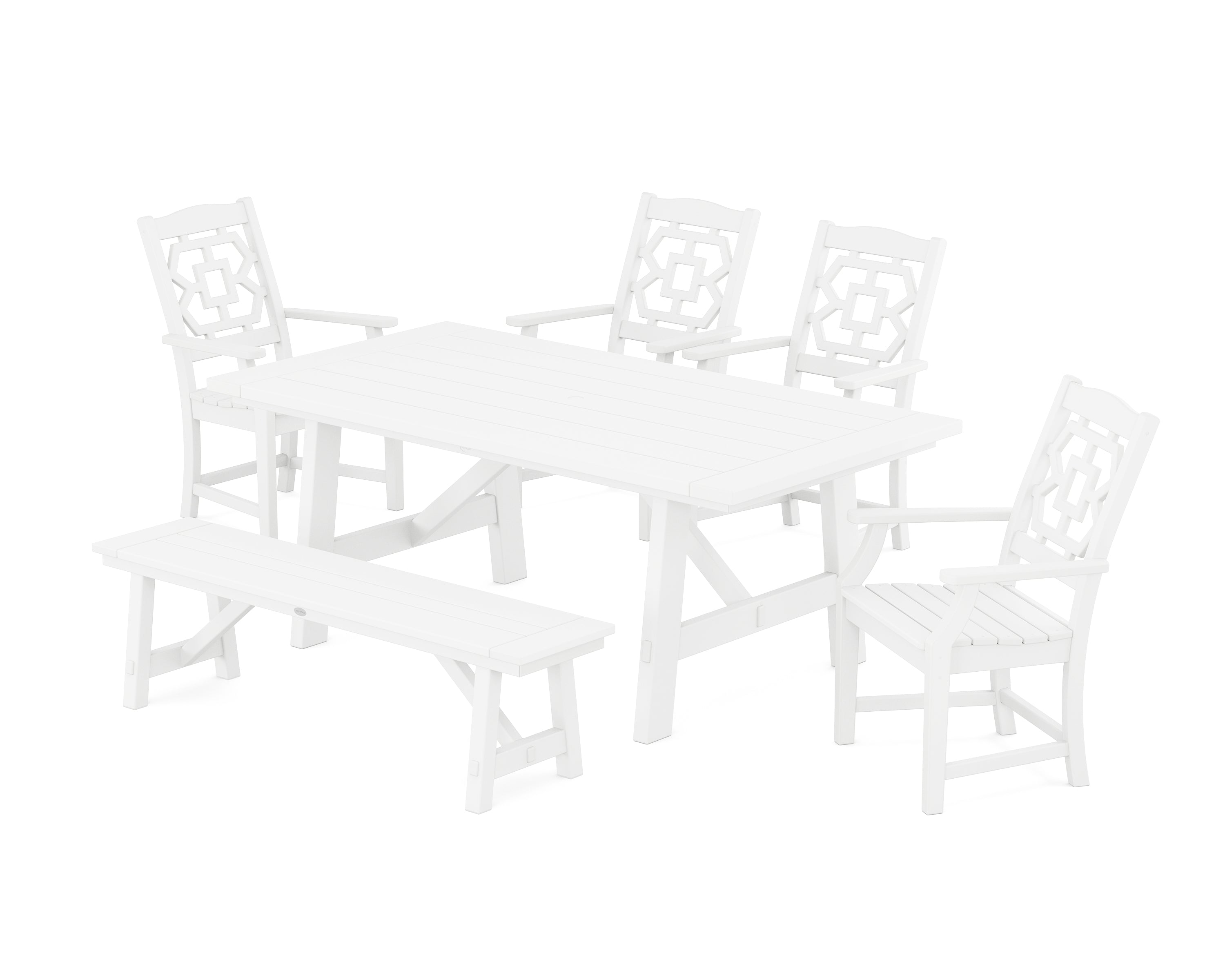 Martha Stewart by POLYWOOD® Chinoiserie 6-Piece Rustic Farmhouse Dining Set with Bench in White