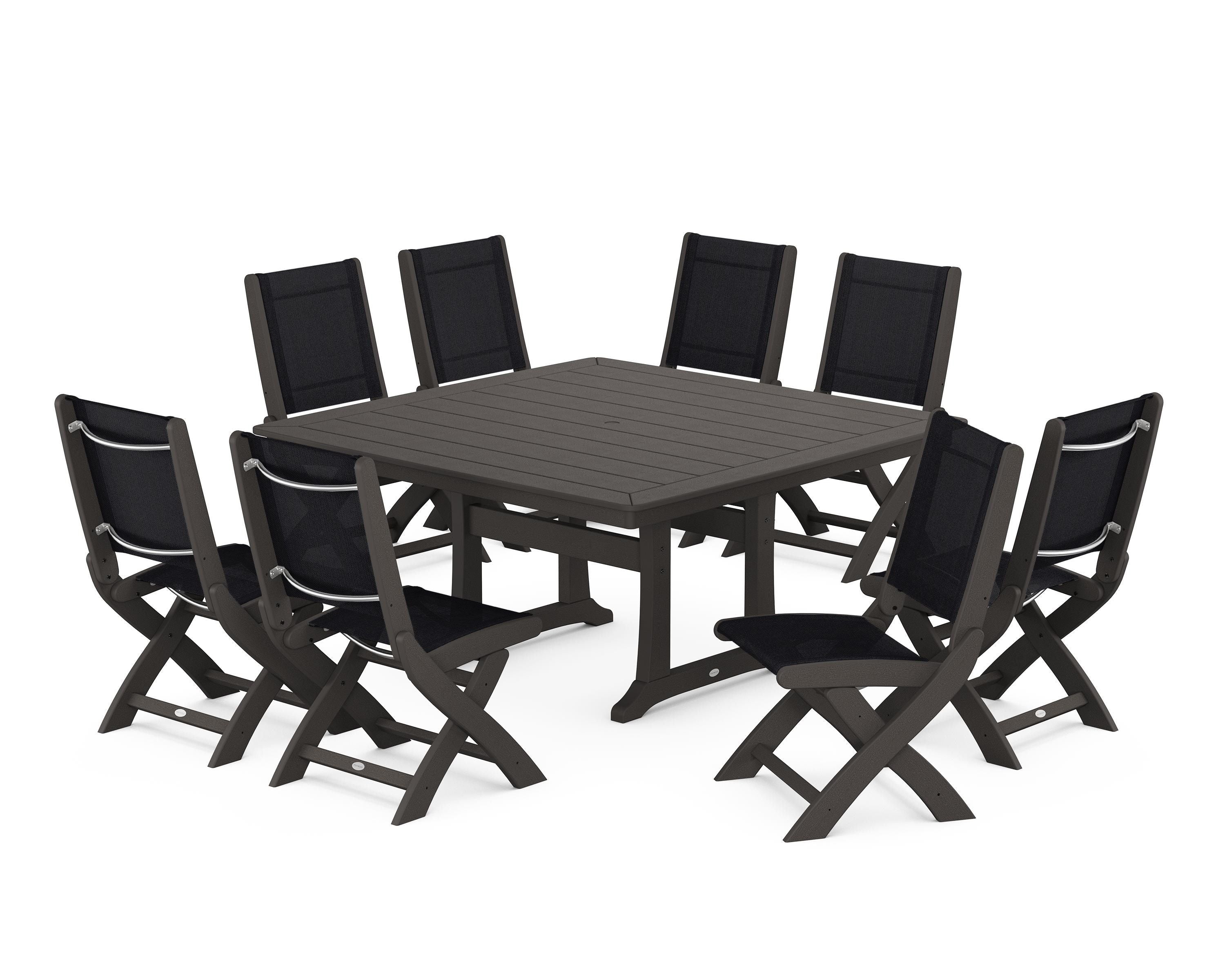 POLYWOOD Coastal Folding Side Chair 9-Piece Dining Set with Trestle Legs in Vintage Coffee / Black Sling