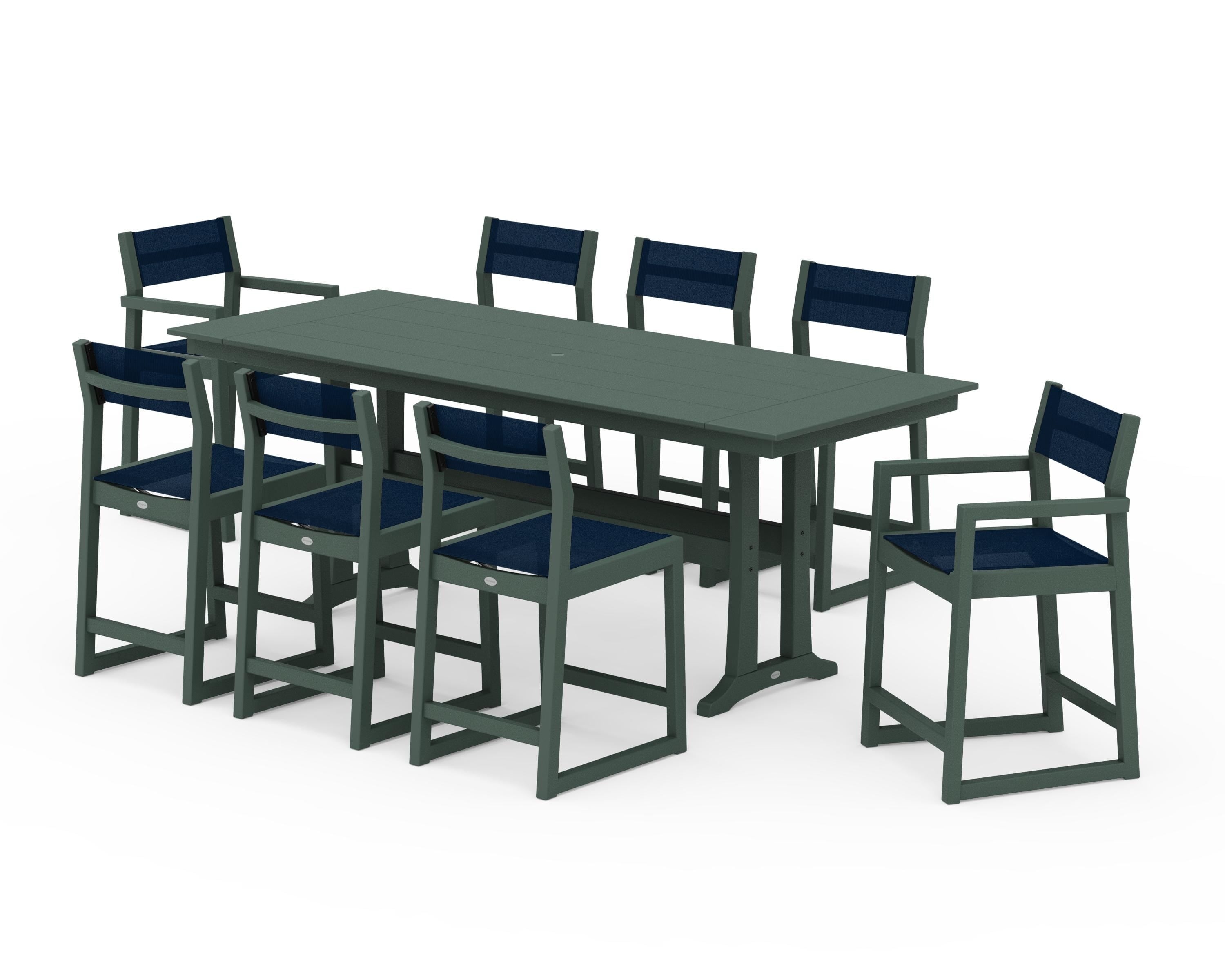POLYWOOD EDGE Sling 9-Piece Farmhouse Counter Set with Trestle Legs in Green / Navy Blue Sling