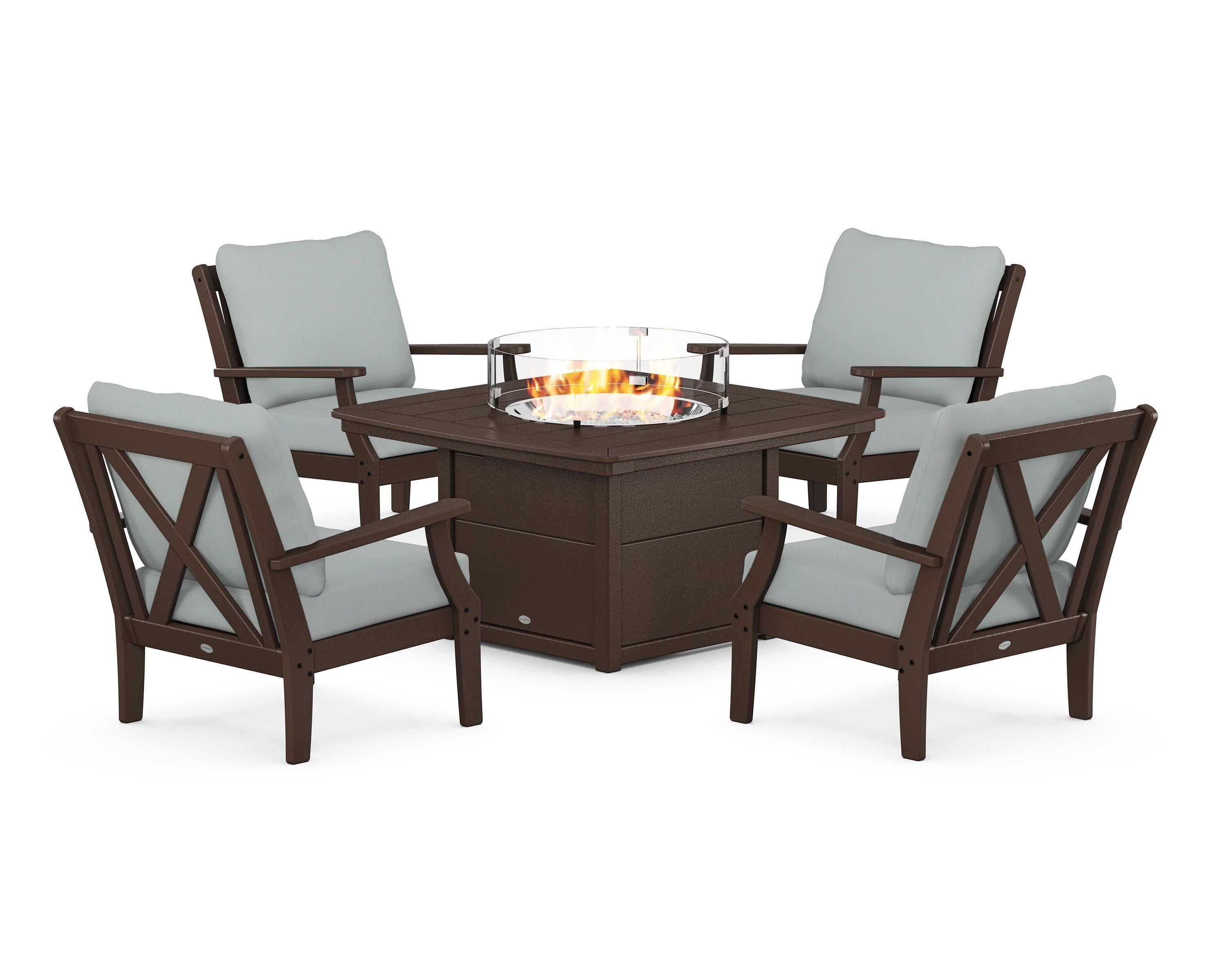 POLYWOOD Braxton 5-Piece Deep Seating Conversation Set with Fire Pit Table in Mahogany / Spa