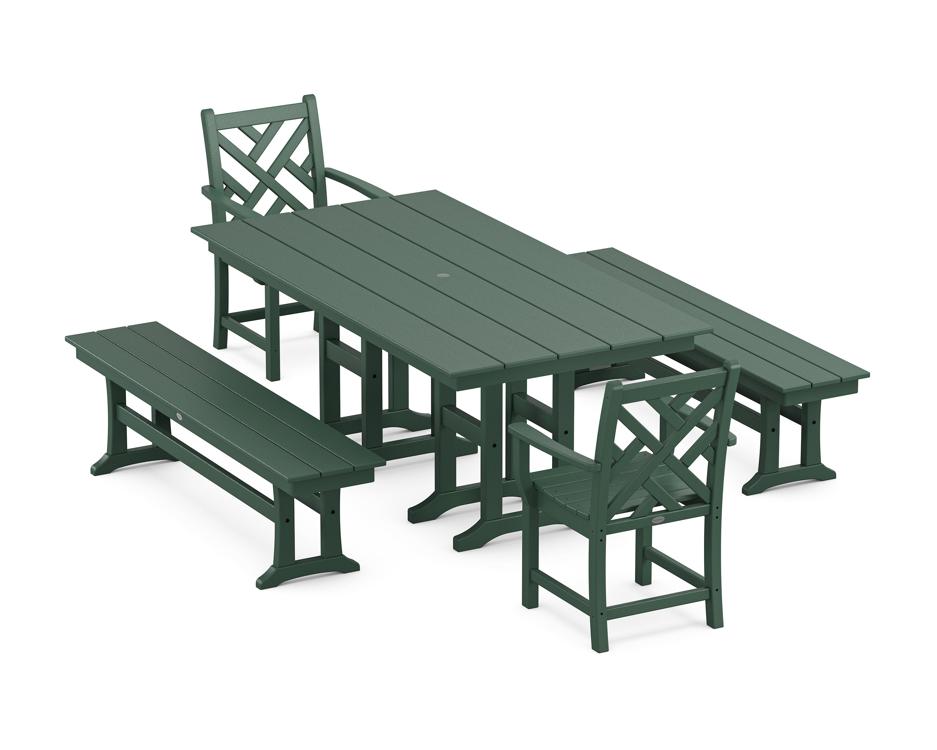 POLYWOOD Chippendale 5-Piece Farmhouse Dining Set with Benches in Green