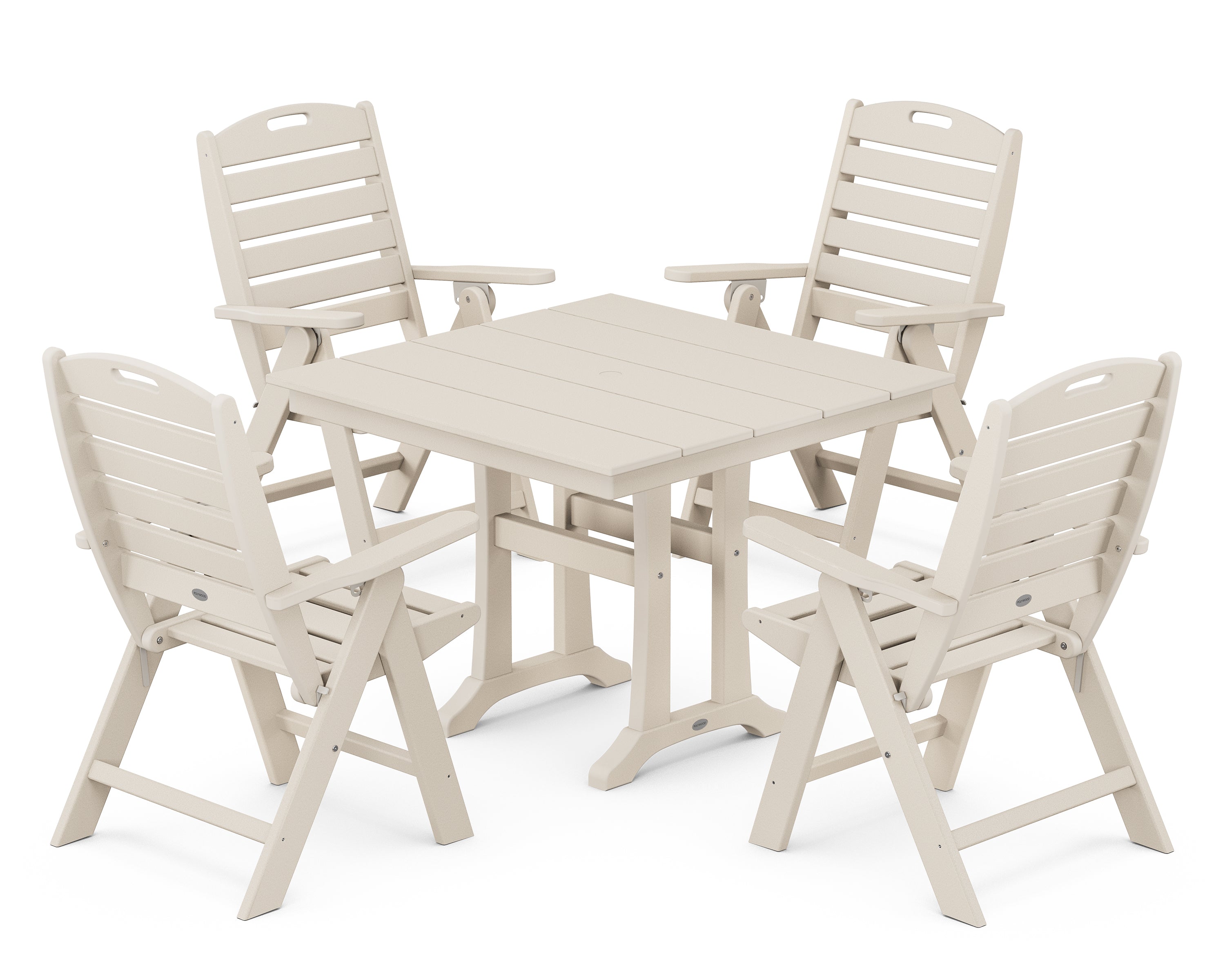 POLYWOOD Nautical Folding Highback Chair 5-Piece Farmhouse Trestle Dining Set in Sand