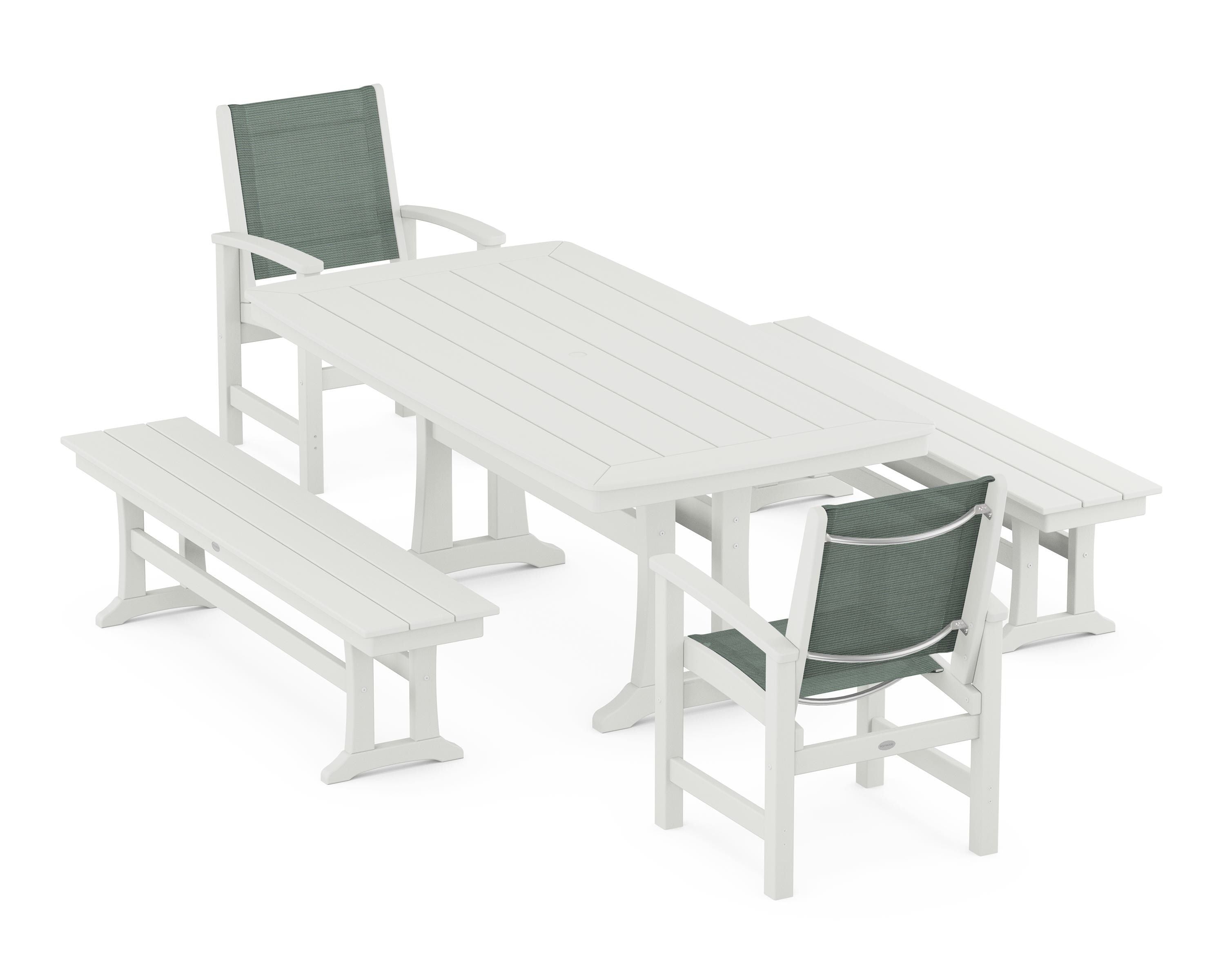POLYWOOD Coastal 5-Piece Dining Set with Trestle Legs and Benches in Vintage White / Dupioni Sea Mist Sling