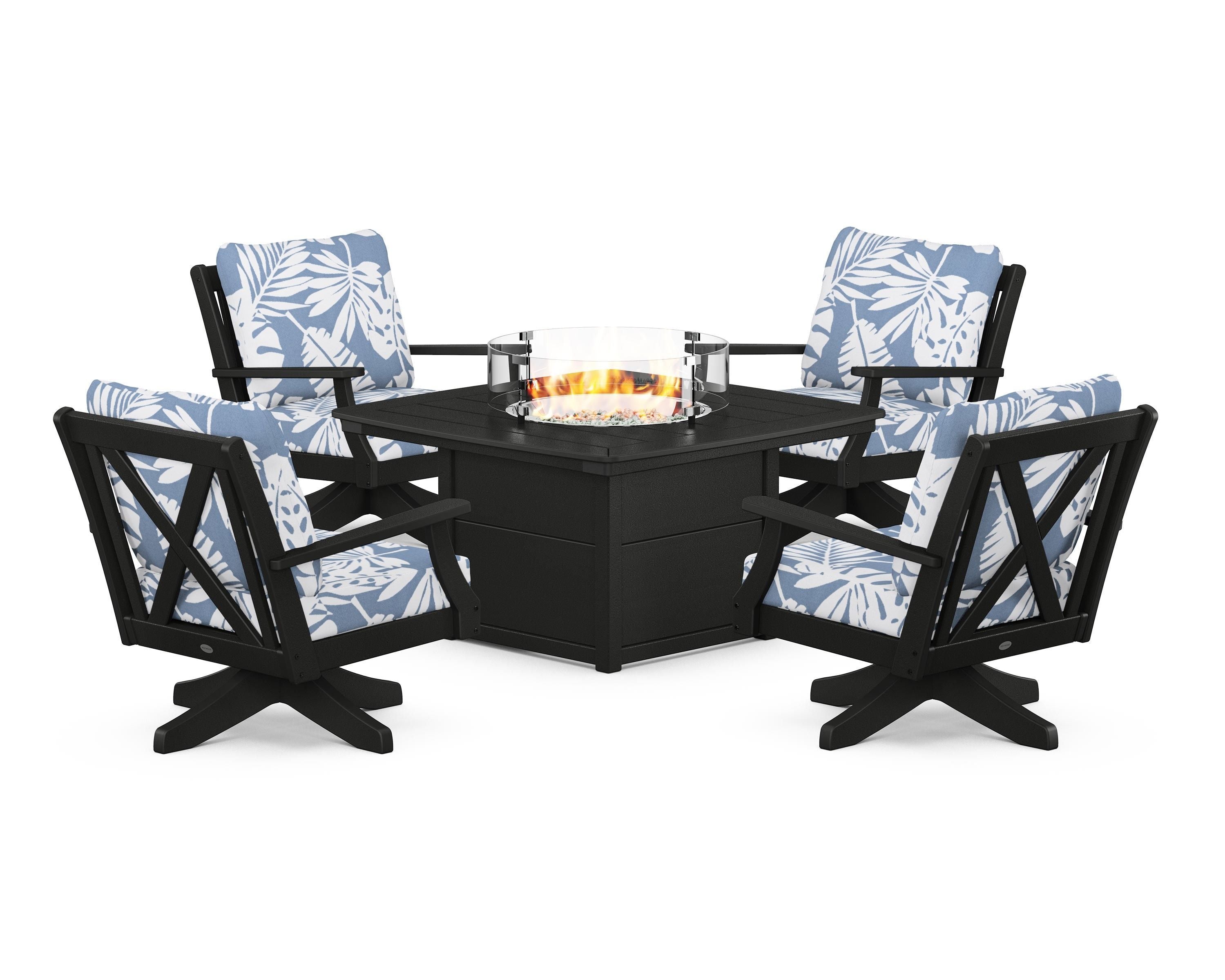 POLYWOOD Braxton 5-Piece Deep Seating Swivel Conversation Set with Fire Pit Table in Black / Leaf Sky Blue