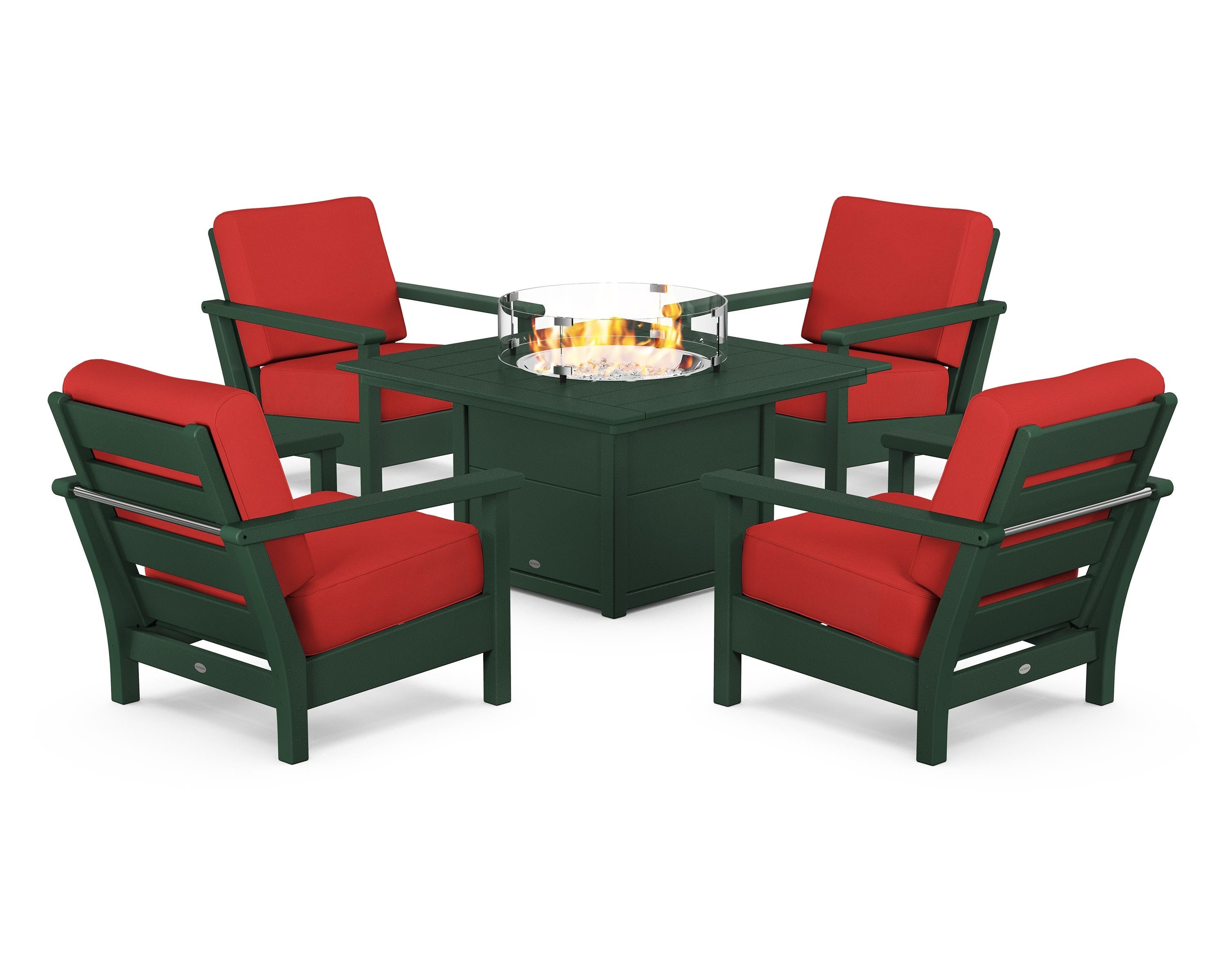 POLYWOOD Harbour 5-Piece Conversation Set with Fire Pit Table in Green / Crimson Linen