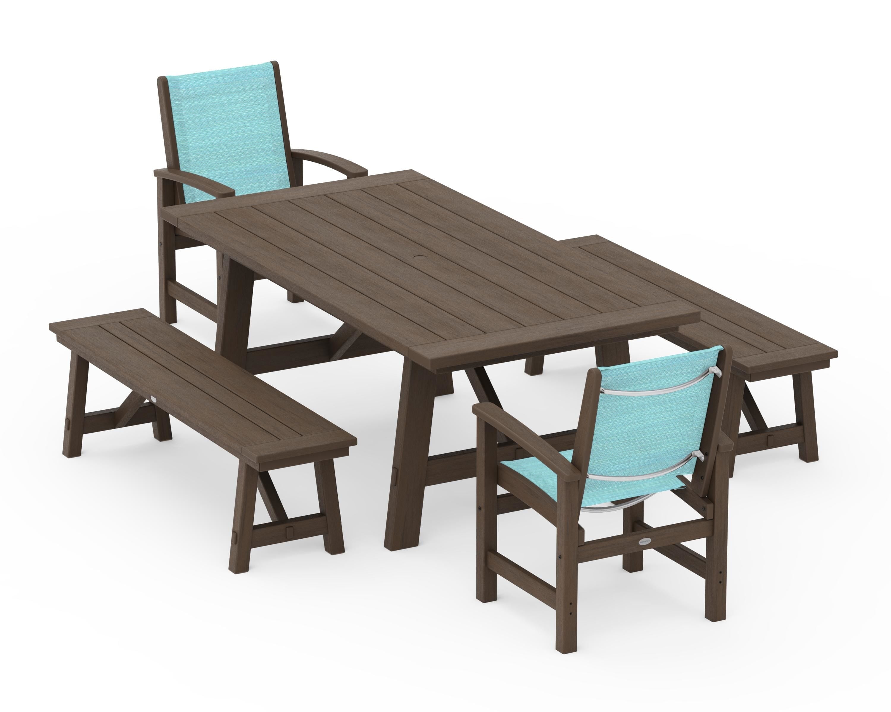 POLYWOOD Coastal 5-Piece Rustic Farmhouse Dining Set With Benches in Kona / Dupioni Aquamarine Sling