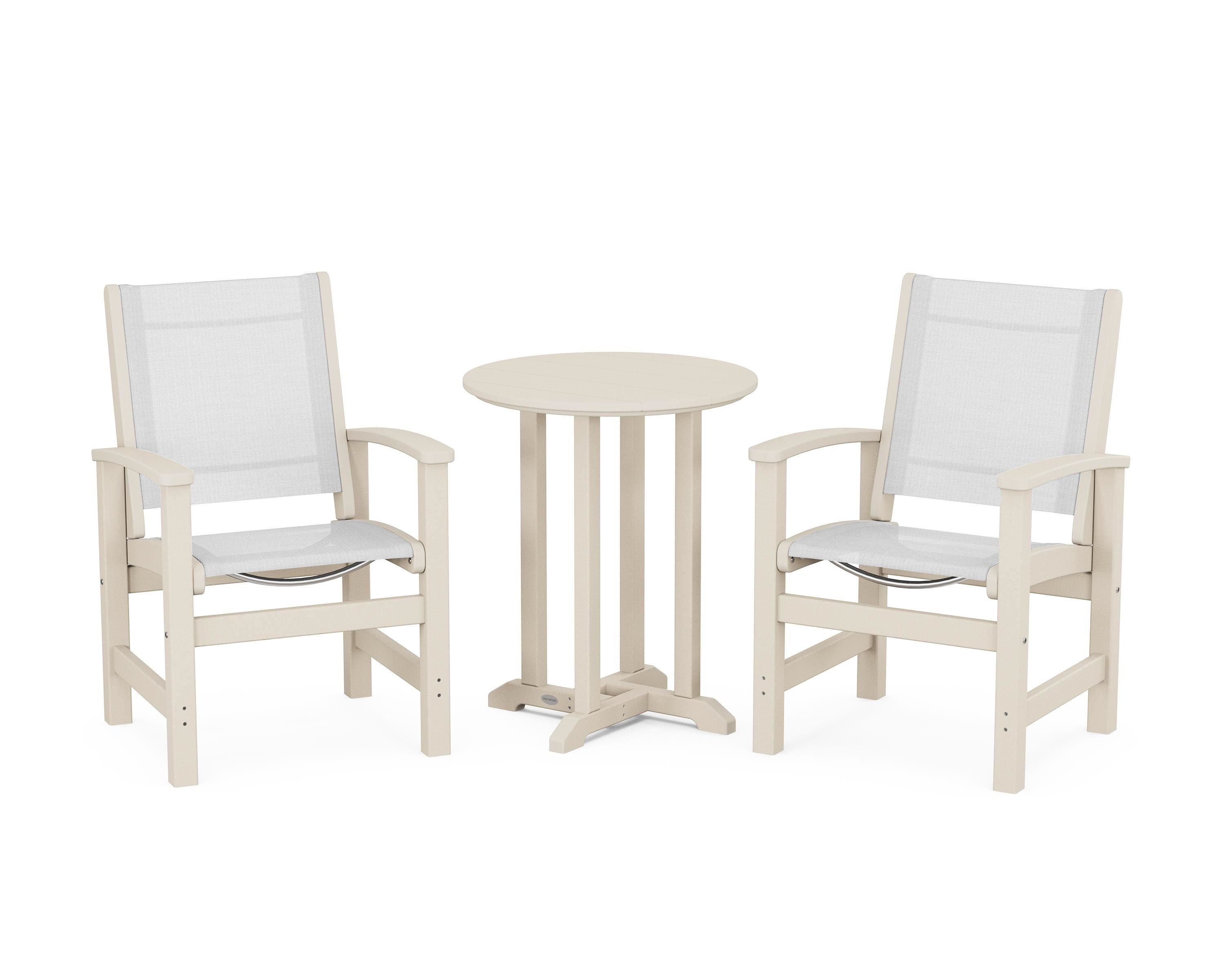 POLYWOOD Coastal 3-Piece Round Bistro Dining Set in Sand / White Sling