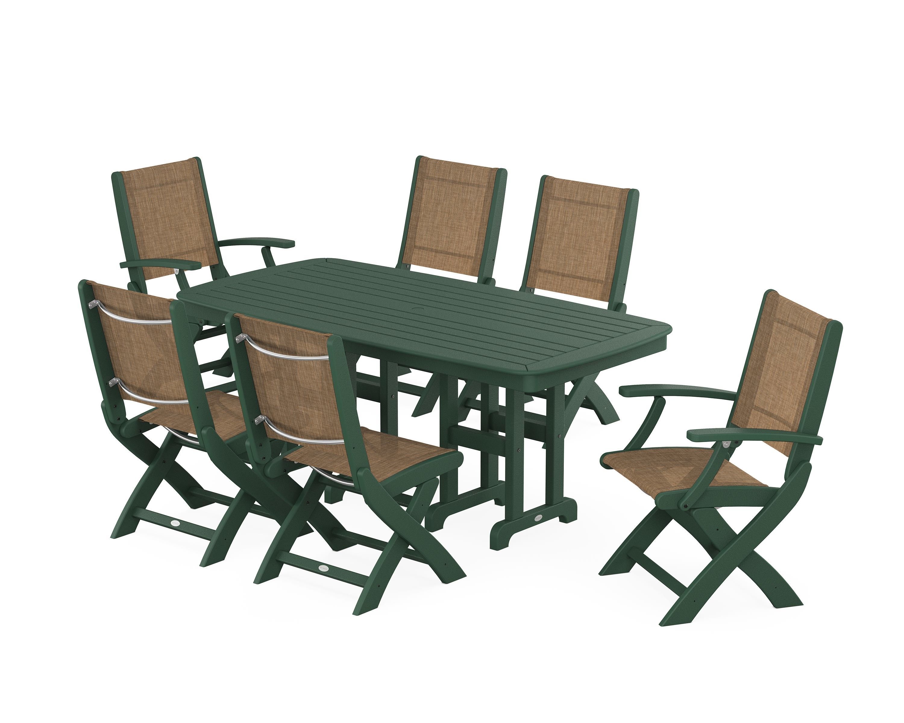 POLYWOOD Coastal Folding Chair 7-Piece Dining Set in Green / Burlap Sling