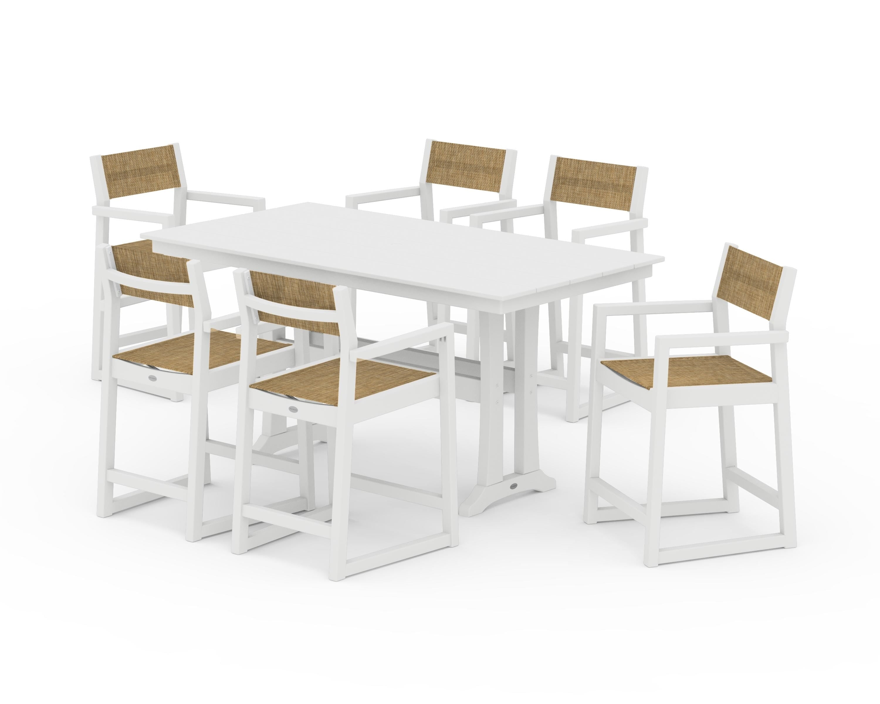 POLYWOOD EDGE Sling Arm Chair 7-Piece Farmhouse Counter Set with Trestle Legs in White / Burlap Sling