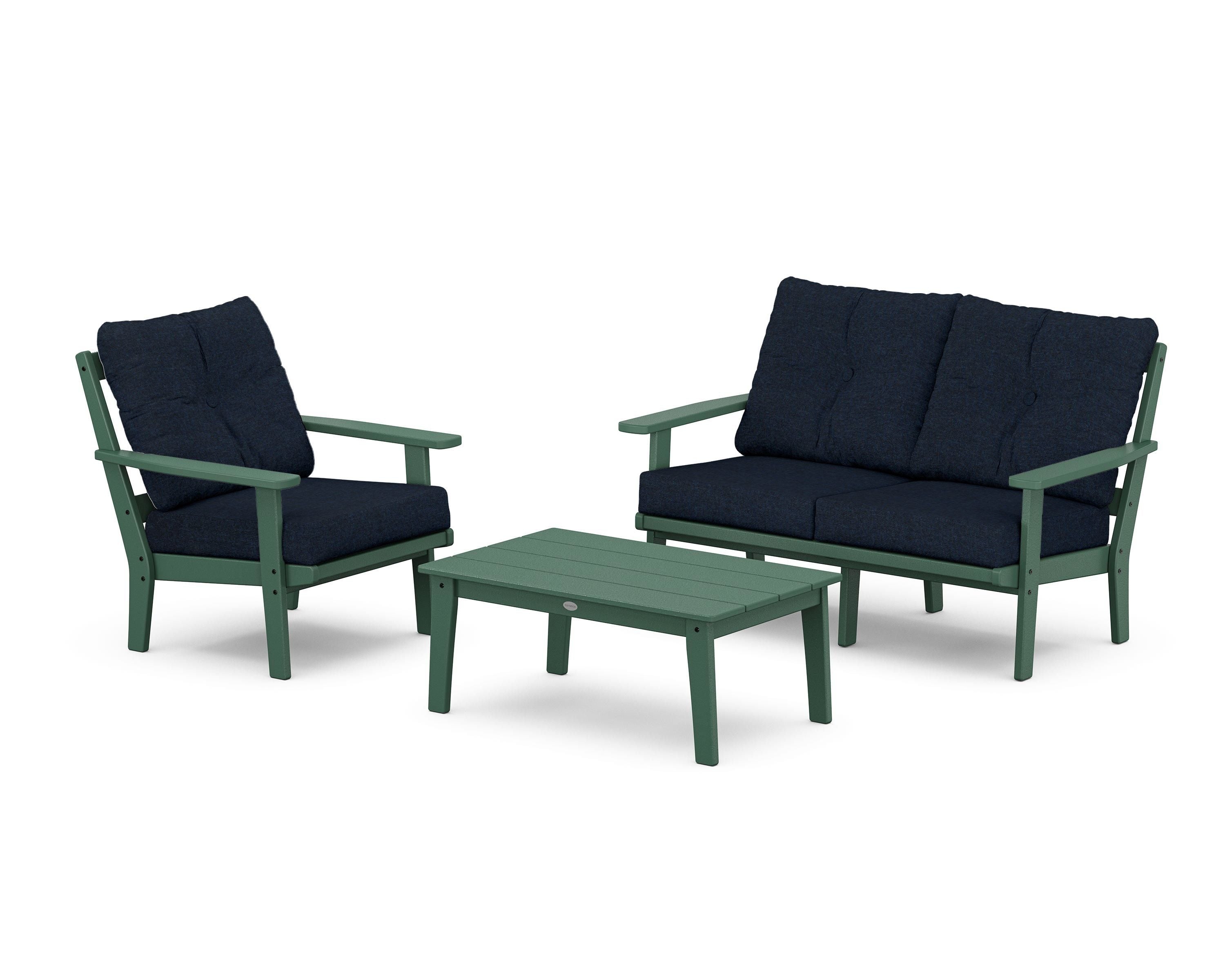 POLYWOOD Prairie 3-Piece Deep Seating Set with Loveseat in Green / Marine Indigo
