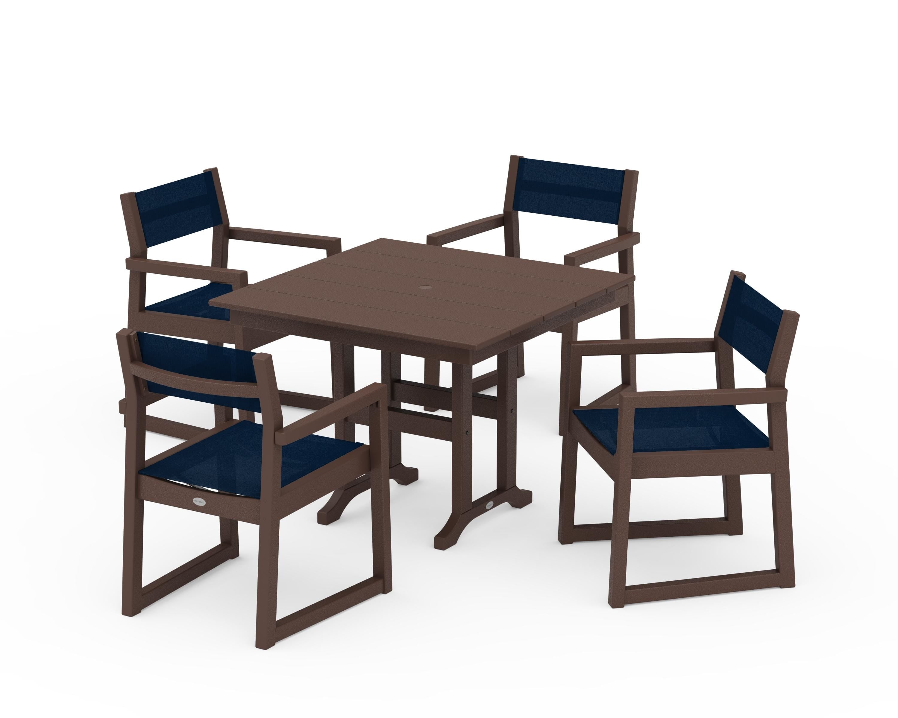 POLYWOOD EDGE Sling Arm Chair 5-Piece Farmhouse Dining Set in Mahogany / Navy Blue Sling