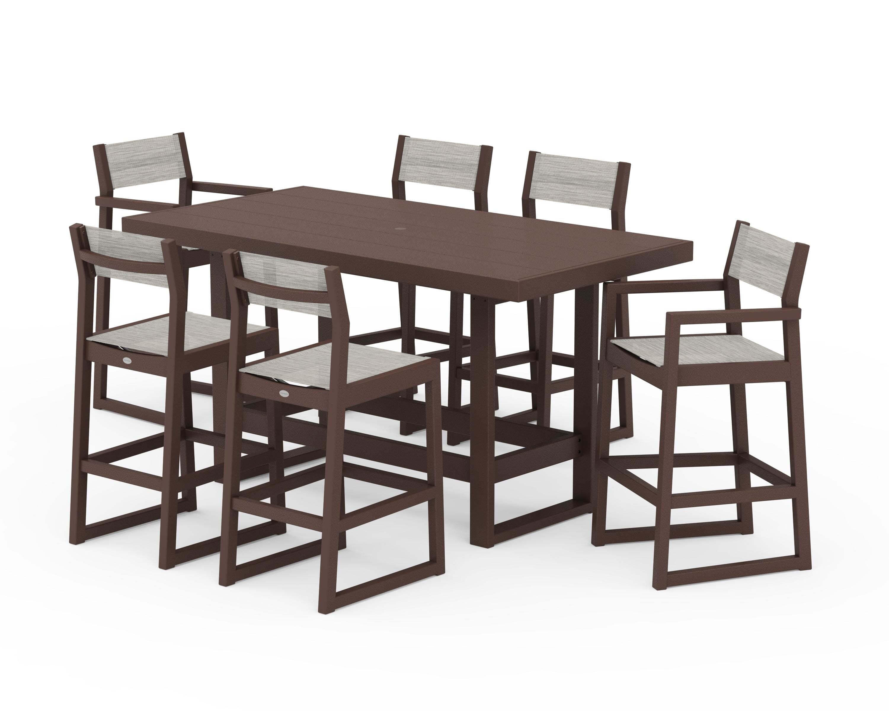 POLYWOOD EDGE Sling 7-Piece Bar Table Set in Mahogany / Birch Sling